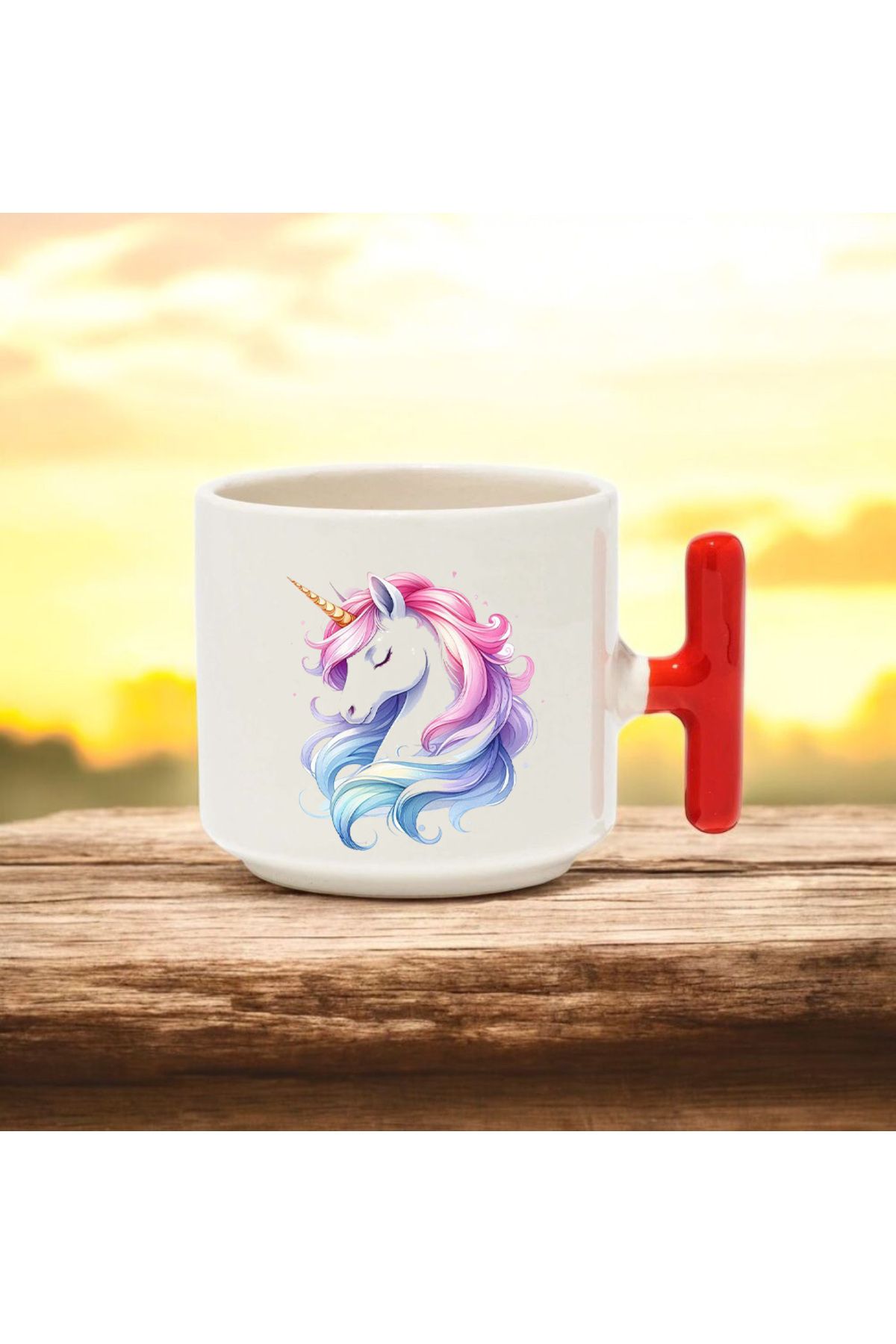BB TRADE Unicorn Tasarımlı Kırmızı T Kulplu Seramik Baskılı Kupa Bardak 250 ML