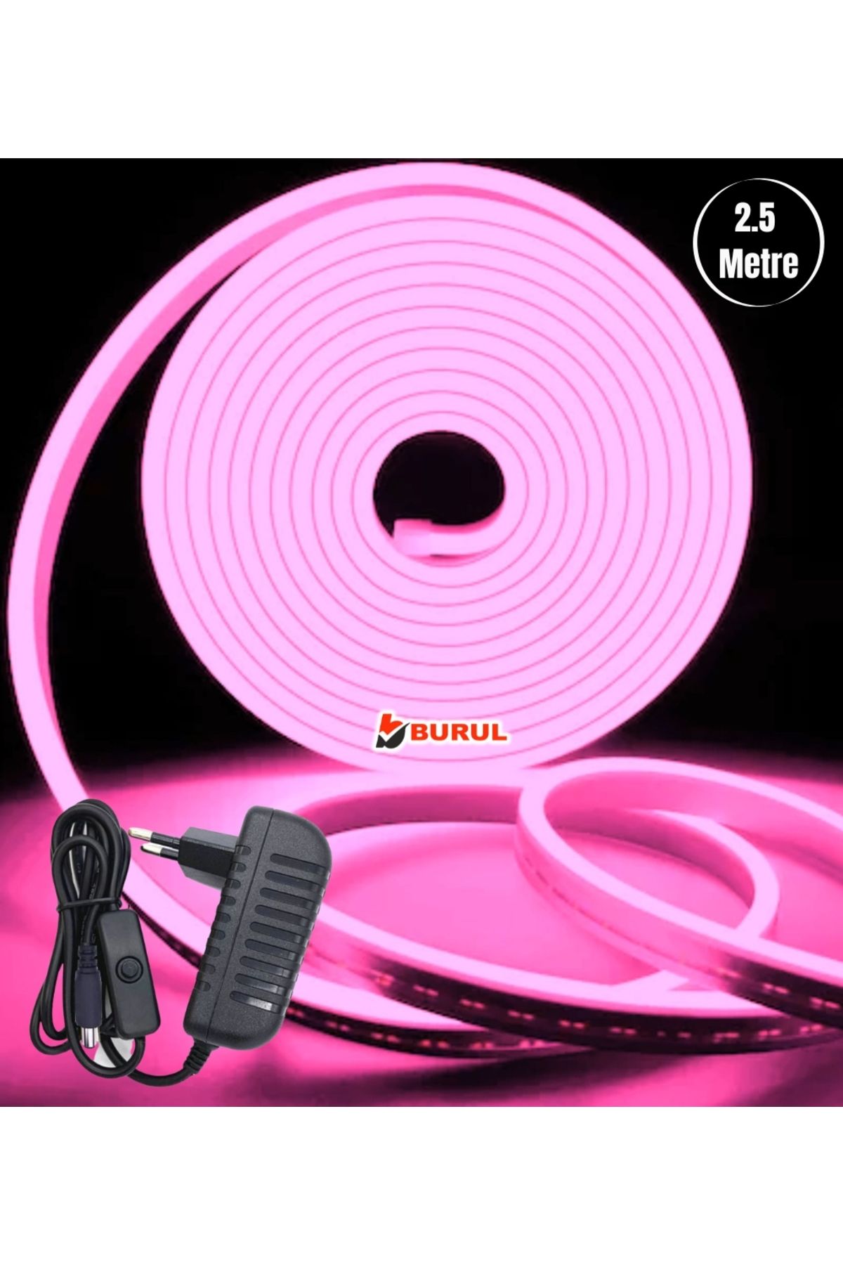 burul SB-6536 2.5 Metre Pembe Işık Esnek Neon Led Şerit Butonlu Dekoratif Aydınlatma Seti