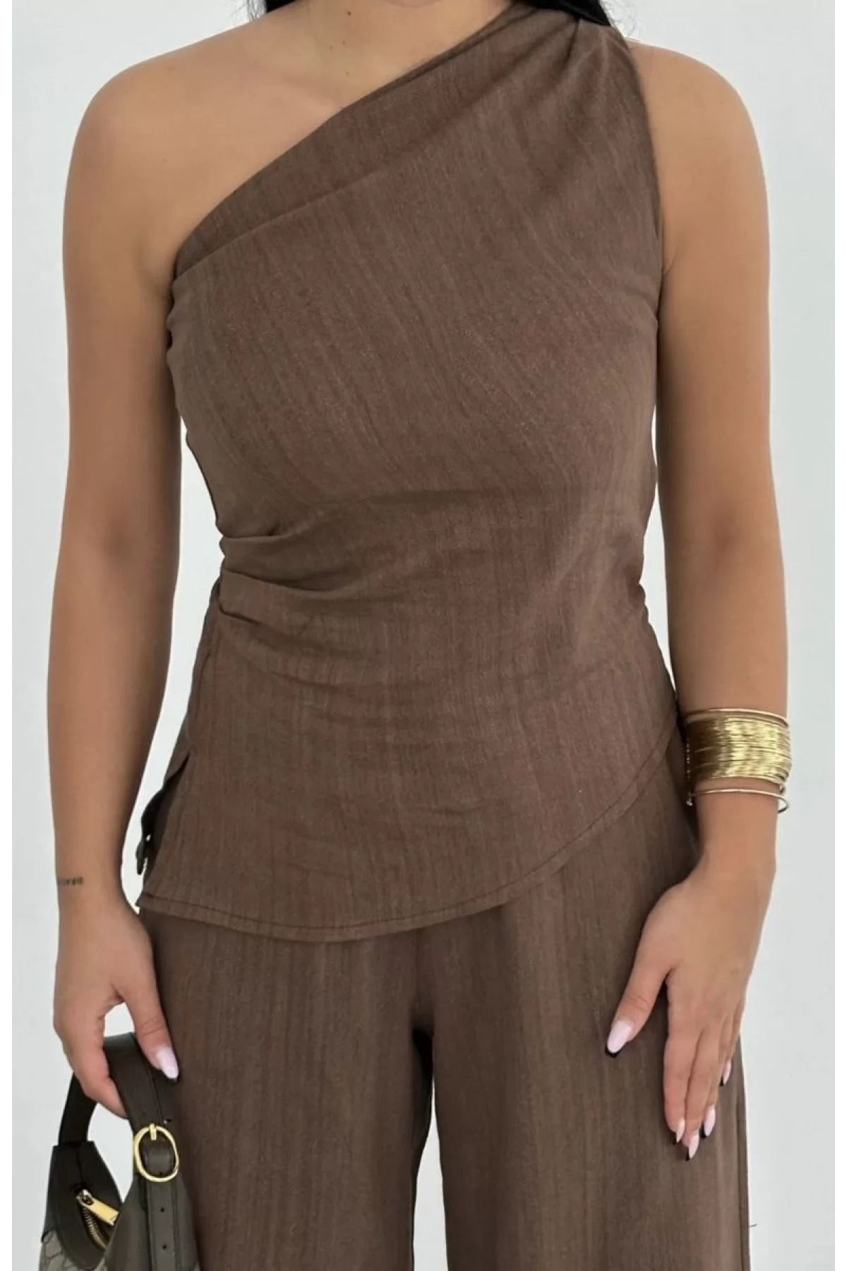 BBbutik MODAYI YAKALA Kadın Keten Asimetrik Tek Omuzlu Bluz Pantalon Takım