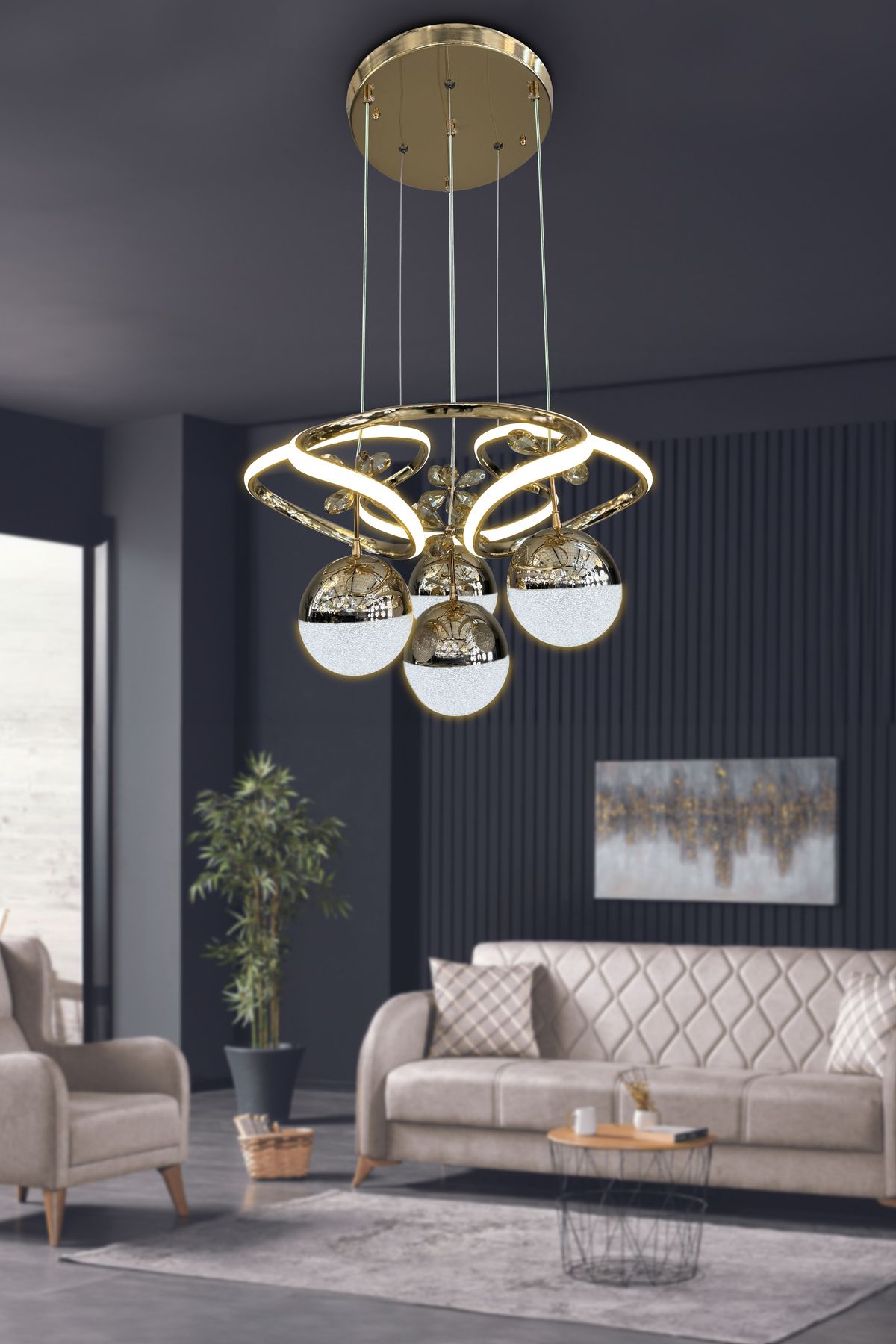 RSCOLLECTIONS Dron 3 Renk Modern Sarkıt 4 Toplu Led Avize Powerled Ledli Avize Kumandasız Gold