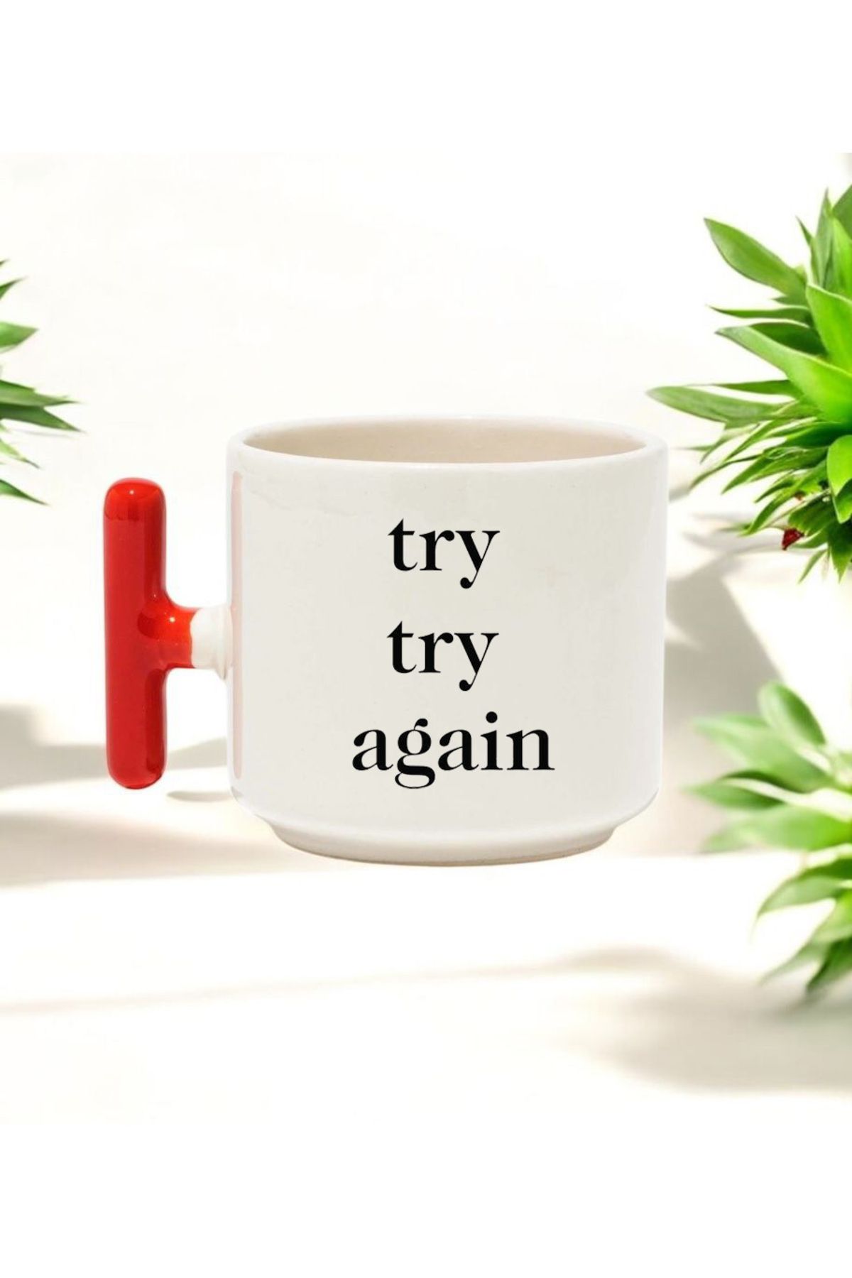 BB TRADE Try Try Again Tasarımlı Kırmızı T Kulplu Seramik Baskılı Kupa Bardak 250 ML