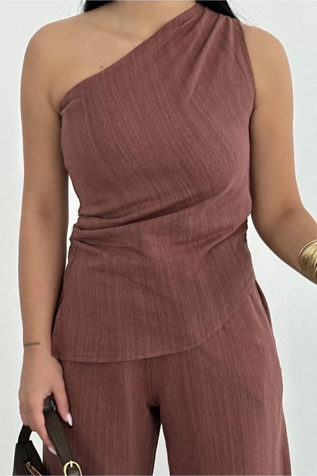BBbutik MODAYI YAKALA Kadın Keten Asimetrik Tek Omuzlu Bluz Pantalon Takım