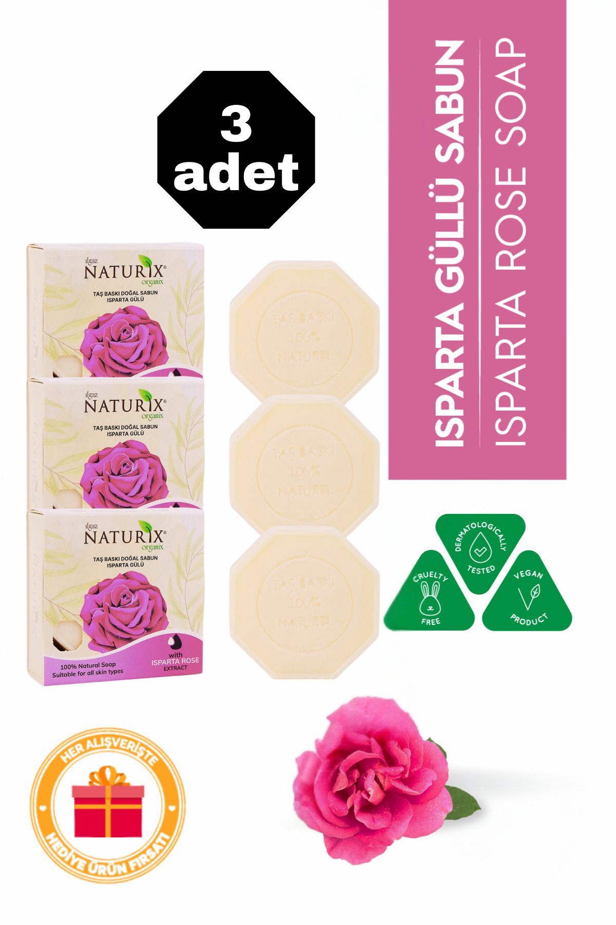 Naturix Isparta Gülü Özlü Taş Sabun 3'lü Eko Paket Cilt Tonu Eşitleyici ve Aydınlatıcı Bakım - 3x125 gr