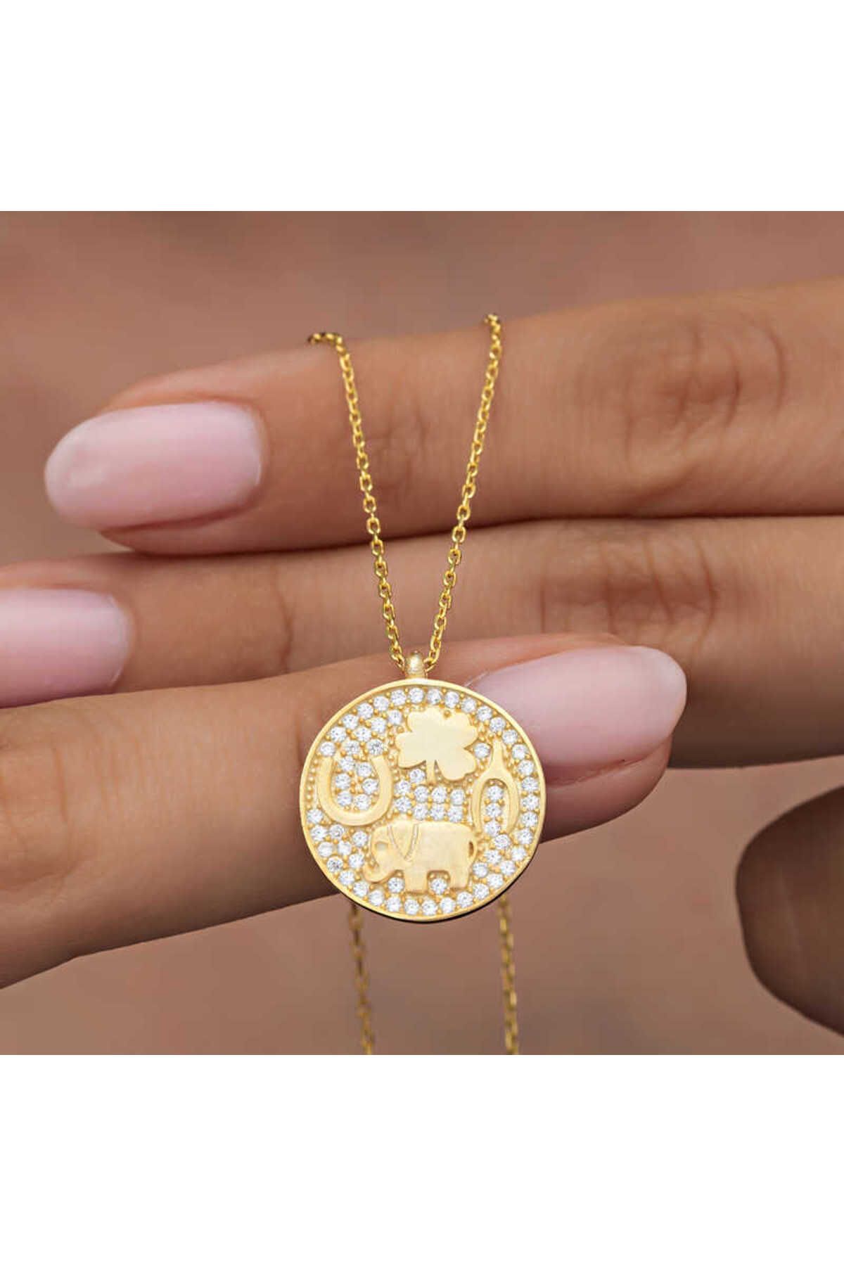 Serero 925 Ayar Gümüş Gold Fil Motifli Şans Kadın Kolye