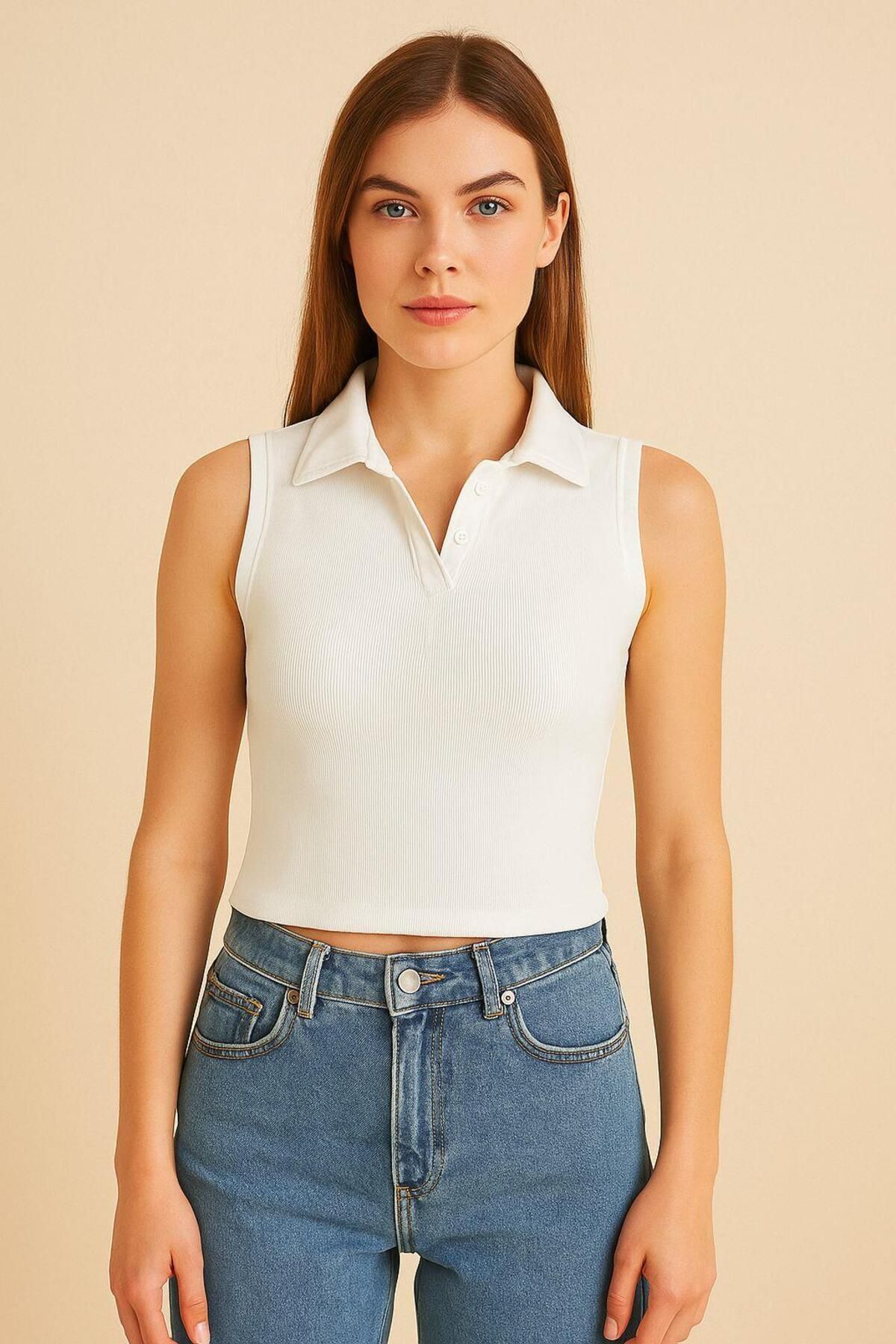 BELISTIL Beyaz Polo Yaka Sıfır Kollu Fitilli Tshirt