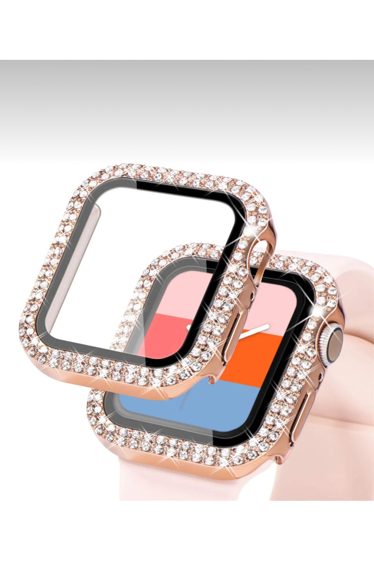 Aksesuar Kasabası Apple Watch SE 40Mm Uyumlu Zarif Elmas Taşlı ROSE GOLD Kasa Ve Ekran Koruyucu Kılıf