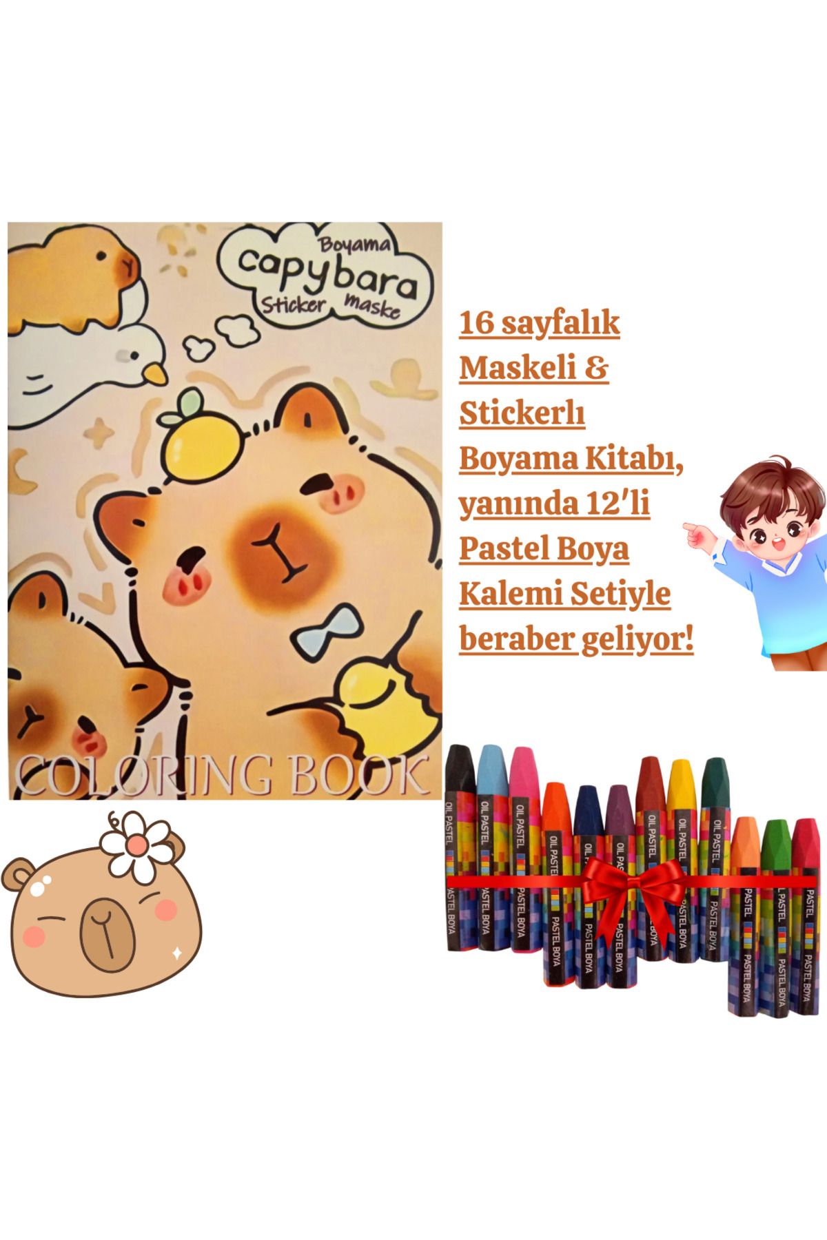 booddie Capybara Boyama Kitabı Stickerlı (arka Kapak Kesilerek Maskeli ) 12'li Pastel Boya Kalem Seti