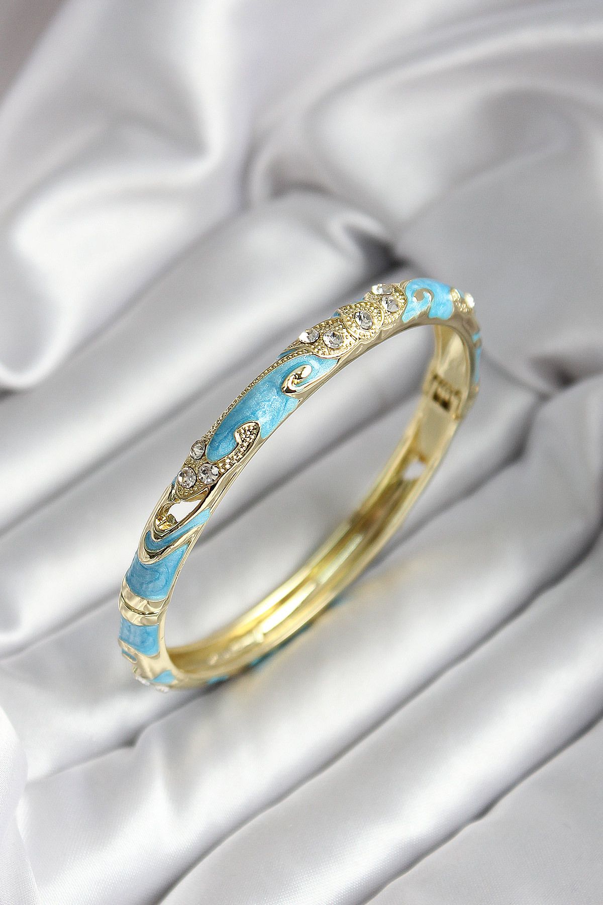 STİLLOVE Mineli Pirinç Turkuaz Çiçek Desenli Zirkon Taşlı Gold Renk Kadın Kelepçe SL11970