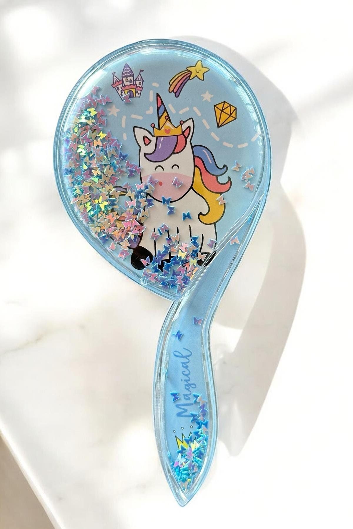 TAKIŞTIR Mavi Renk Unicorn Figürlü Sim Detaylı Saç Tarama Fırçası/ Tarak