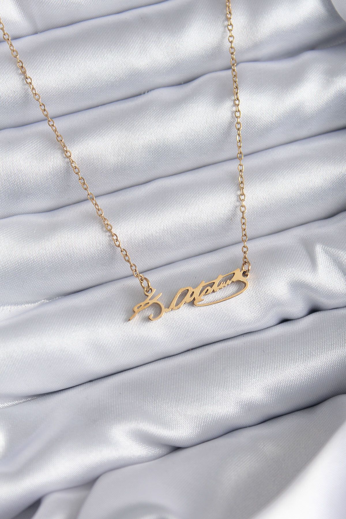 MR RZN STORE 316L Çelik Zincir Gold Renk Atatürk İmzası Model Kadın Kolye - TJ-BKO7842