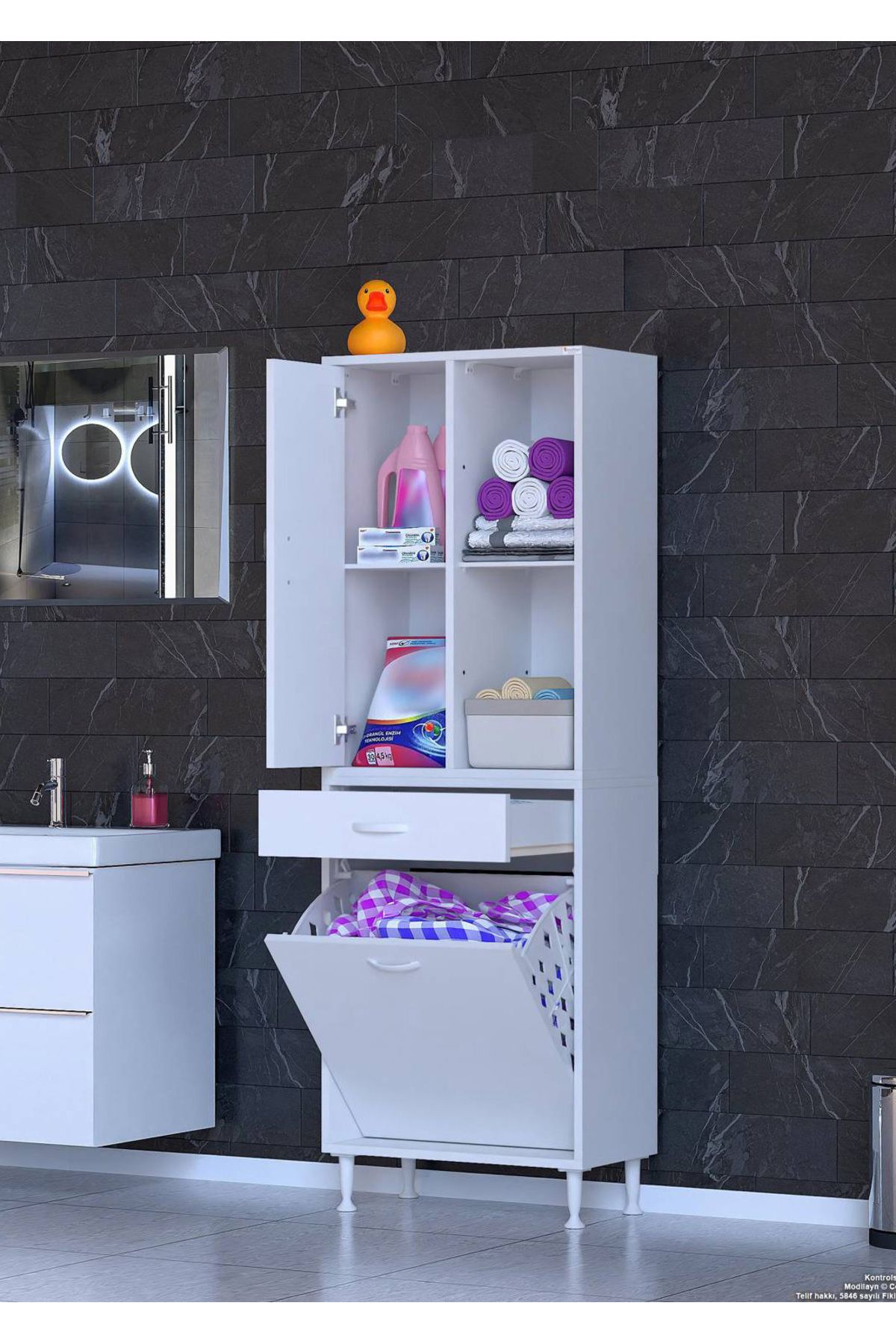 Modilayn 55x173x32,5cm 1 Çekmece, 1 Göz Sepet, 1 Kapak, 4 Raflı Organizatör Mutfak Dolabı Çok Amaçlı Dolap