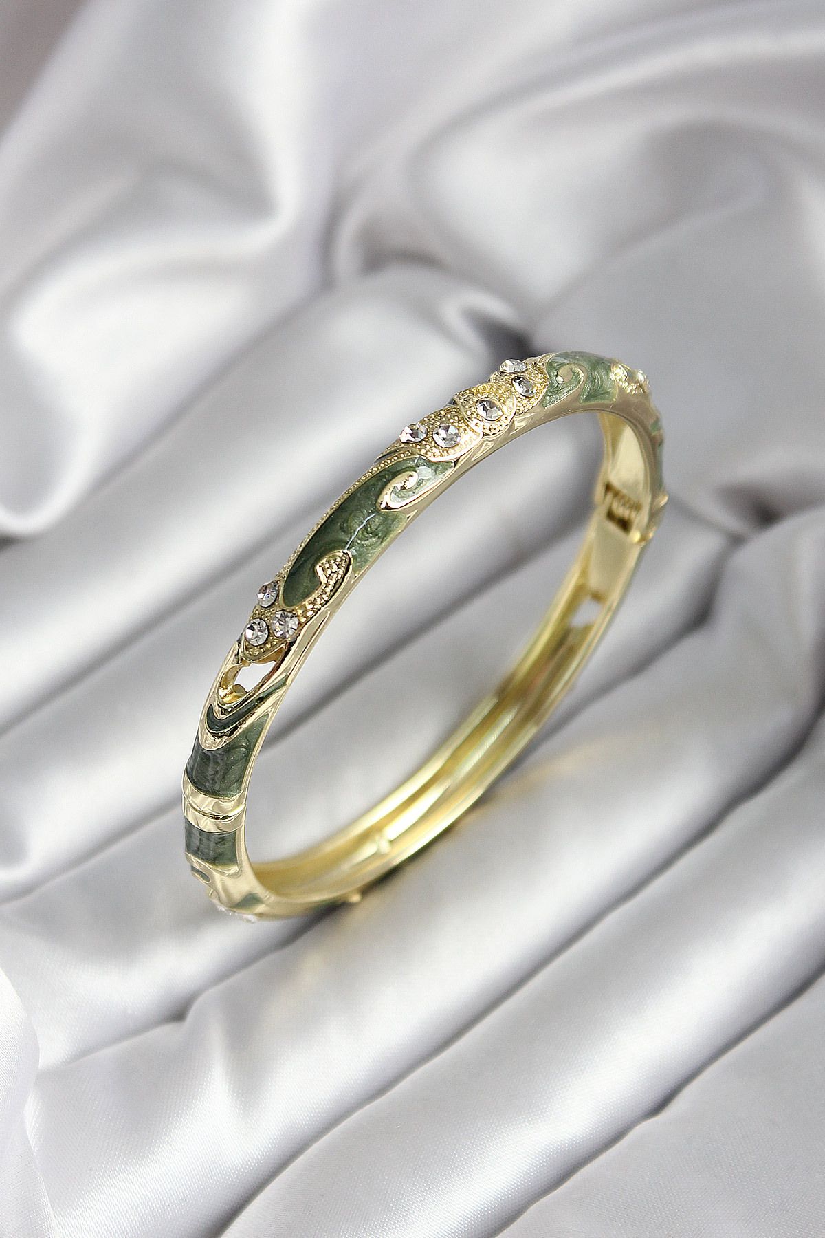 STİLLOVE Mineli Pirinç Yeşil Çiçek Desenli Gold Renk Kadın Kelepçe SL11965