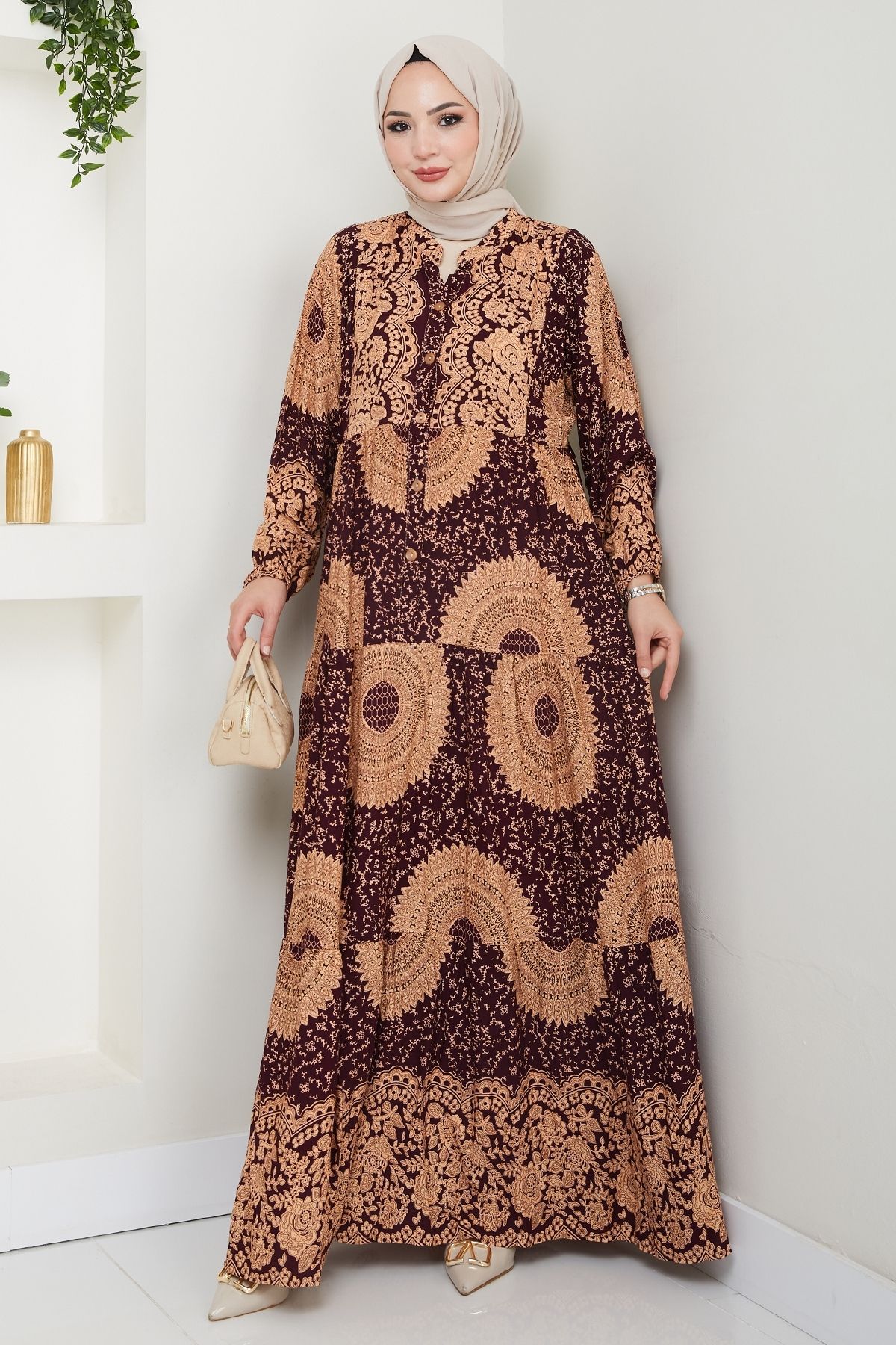 InStyle Mandala Desen Bordo Viskon Elbise