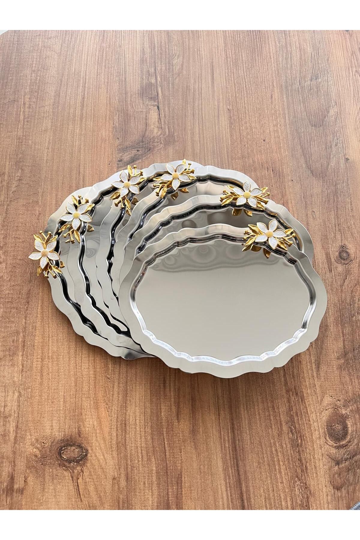 Maglor Lüx Papatya Aksesuarlı Oval Gümüş 20x25 Paslanmaz Çelik Kahve,Sunum Tepsisi