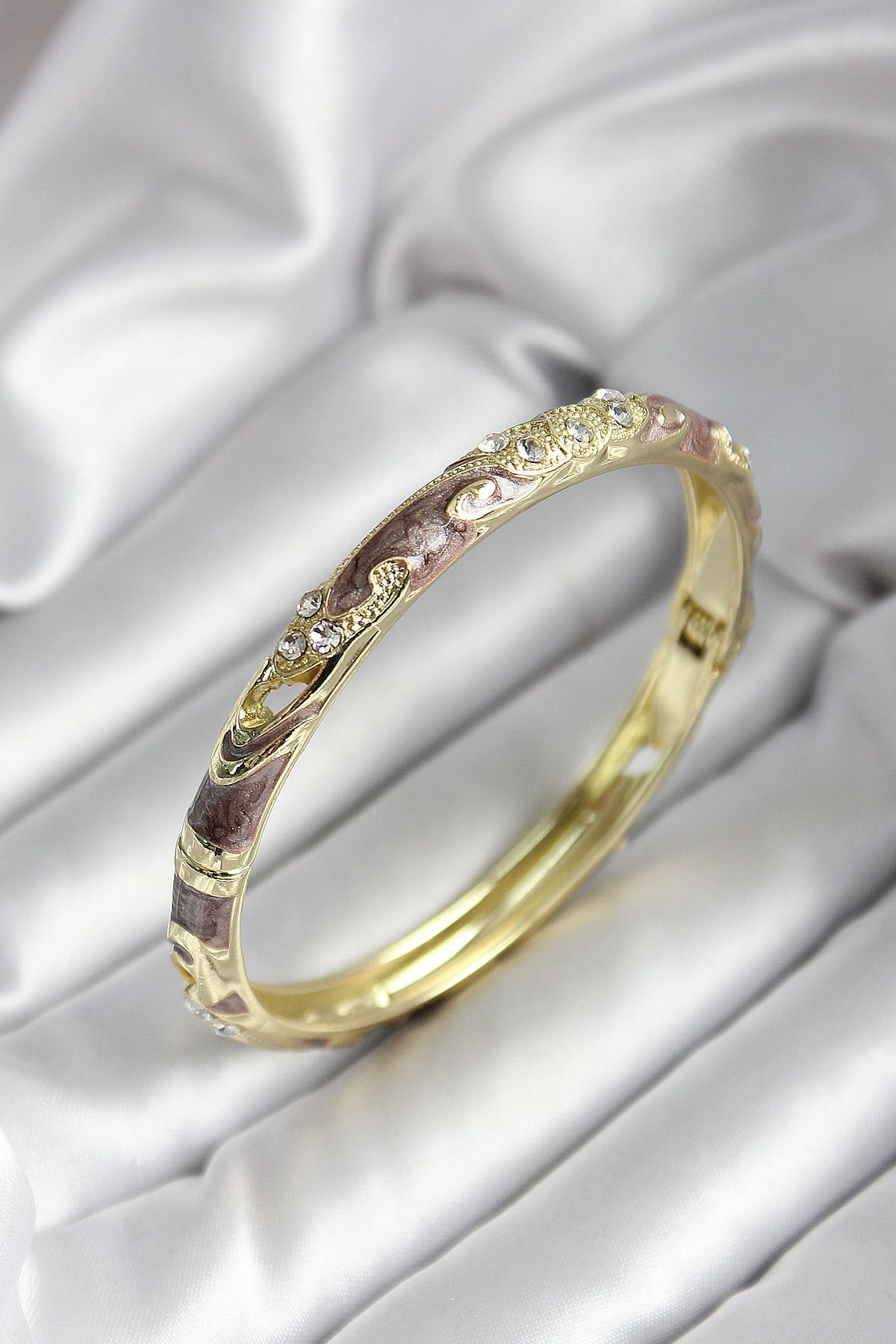 STİLLOVE Mineli Pirinç Kahverengi Çiçek Desenli Zirkon Taşlı Gold Renk Kadın Kelepçe SL11960