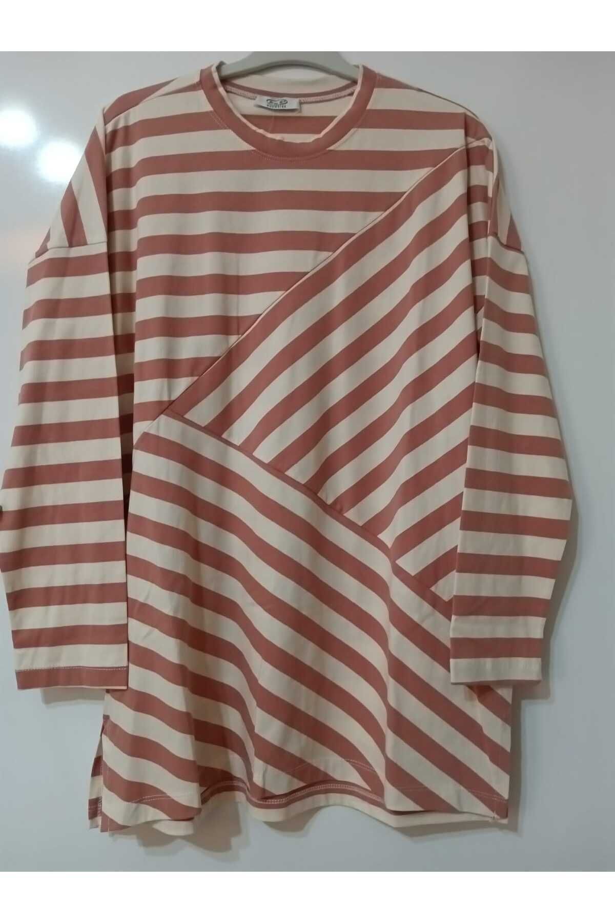 OceanGiyim Kadın Tunik Pembe Çizgili Penye Tunik