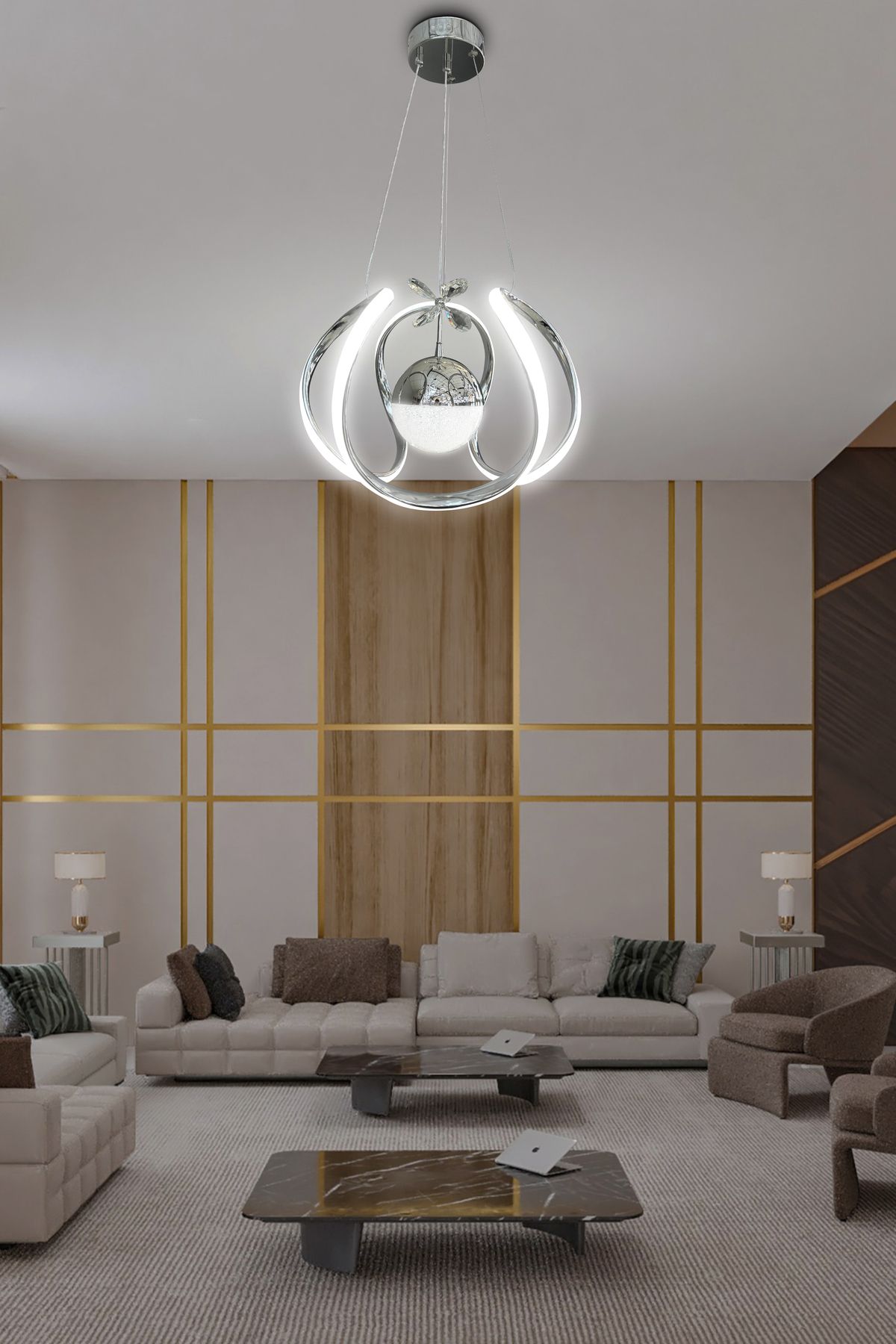 RSCOLLECTIONS Arya Tek Toplu Led Avize 2 mt - Salon & Oturma Odası Avizesi Kumandasız Krom