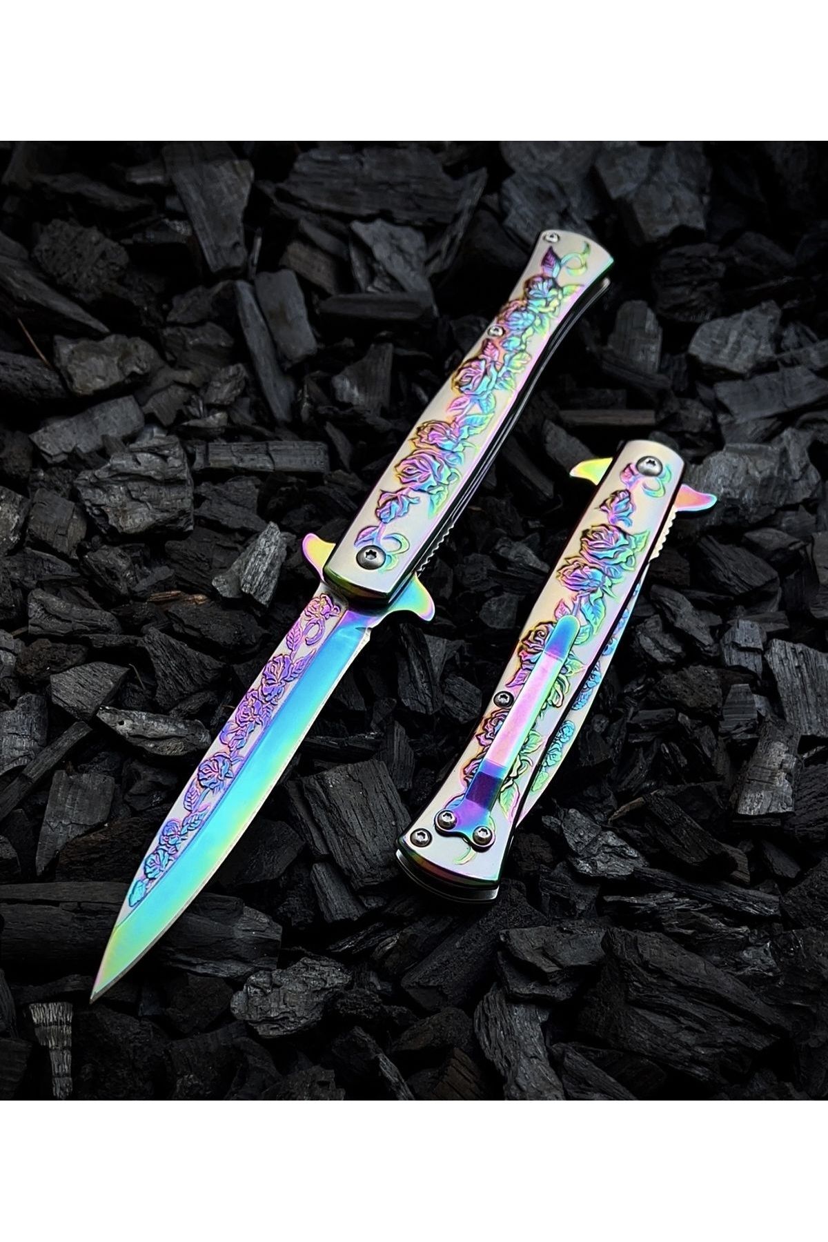 Katmer Kaliteli Gül Kabartma Çelik motifli Efsanevi Çakı - 21 Cm - Gül Çak