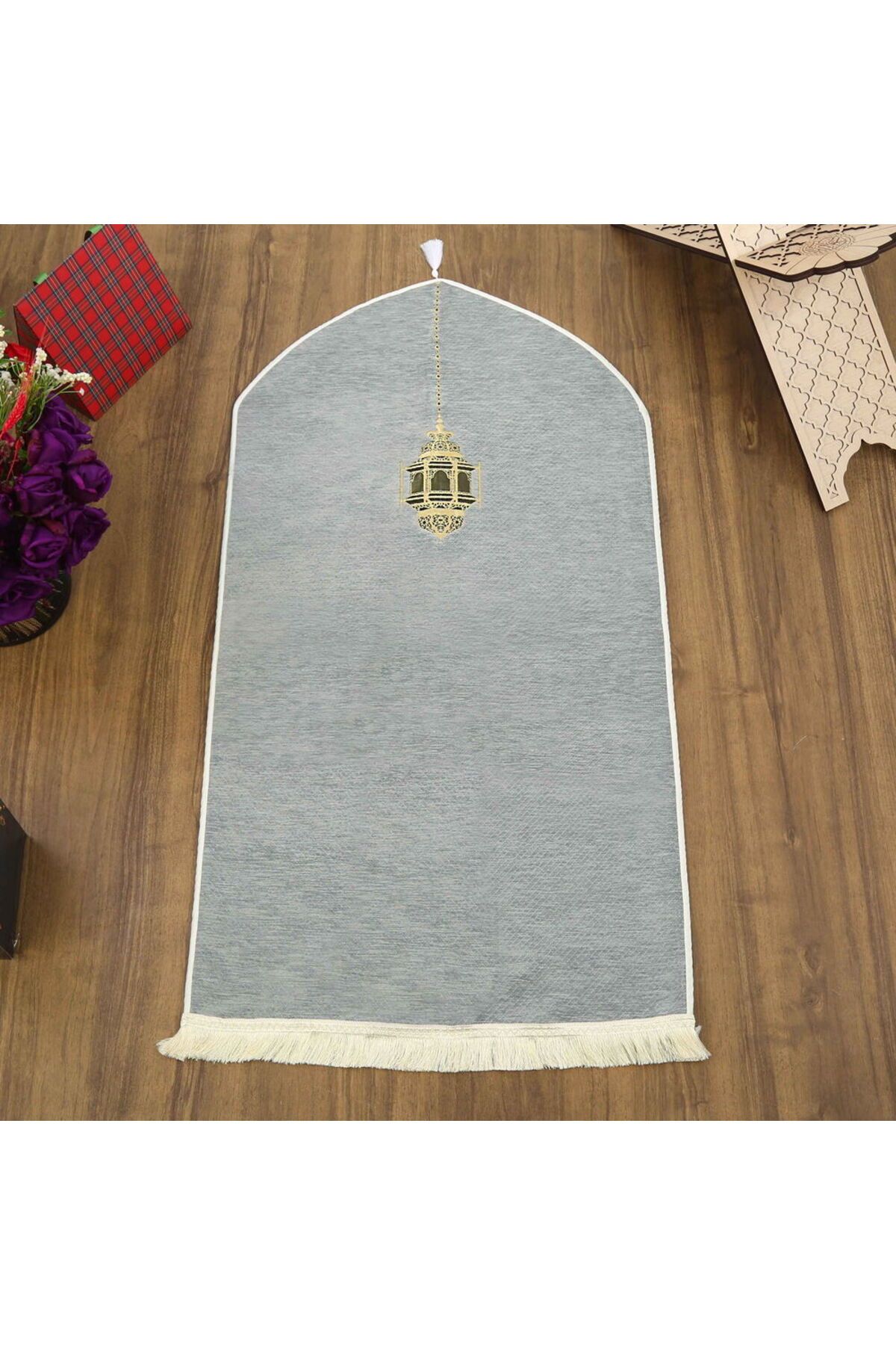 İkranur Mahya Desenli Lüks Astarlı Biyeli Şönil Seccade Gri (66X125cm) 565 gr