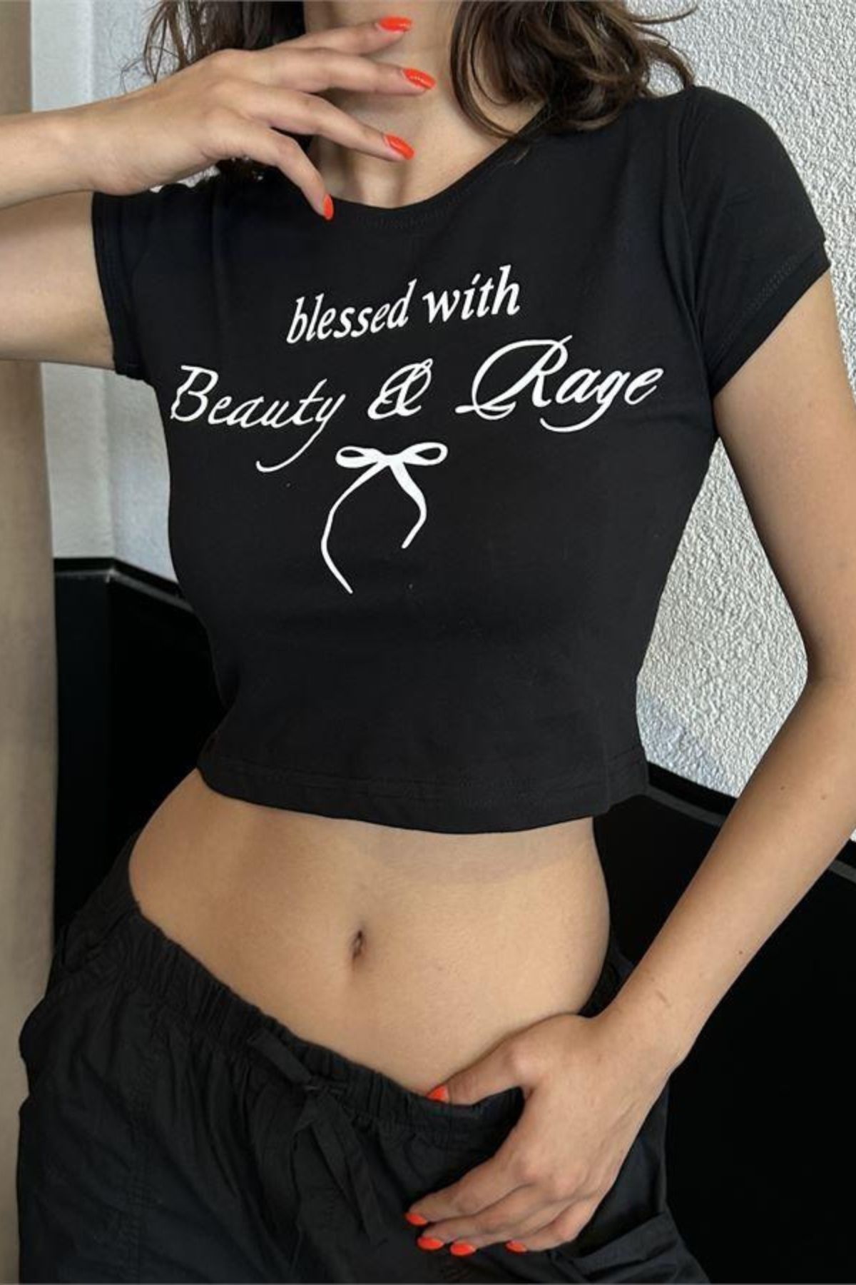 Chirkef Kadın Siyah Crop 100% Pamuk Baskılı Bisiklet Yaka Kısa Kol Crop Top T-Shirt Y2K Blessed w Beuty