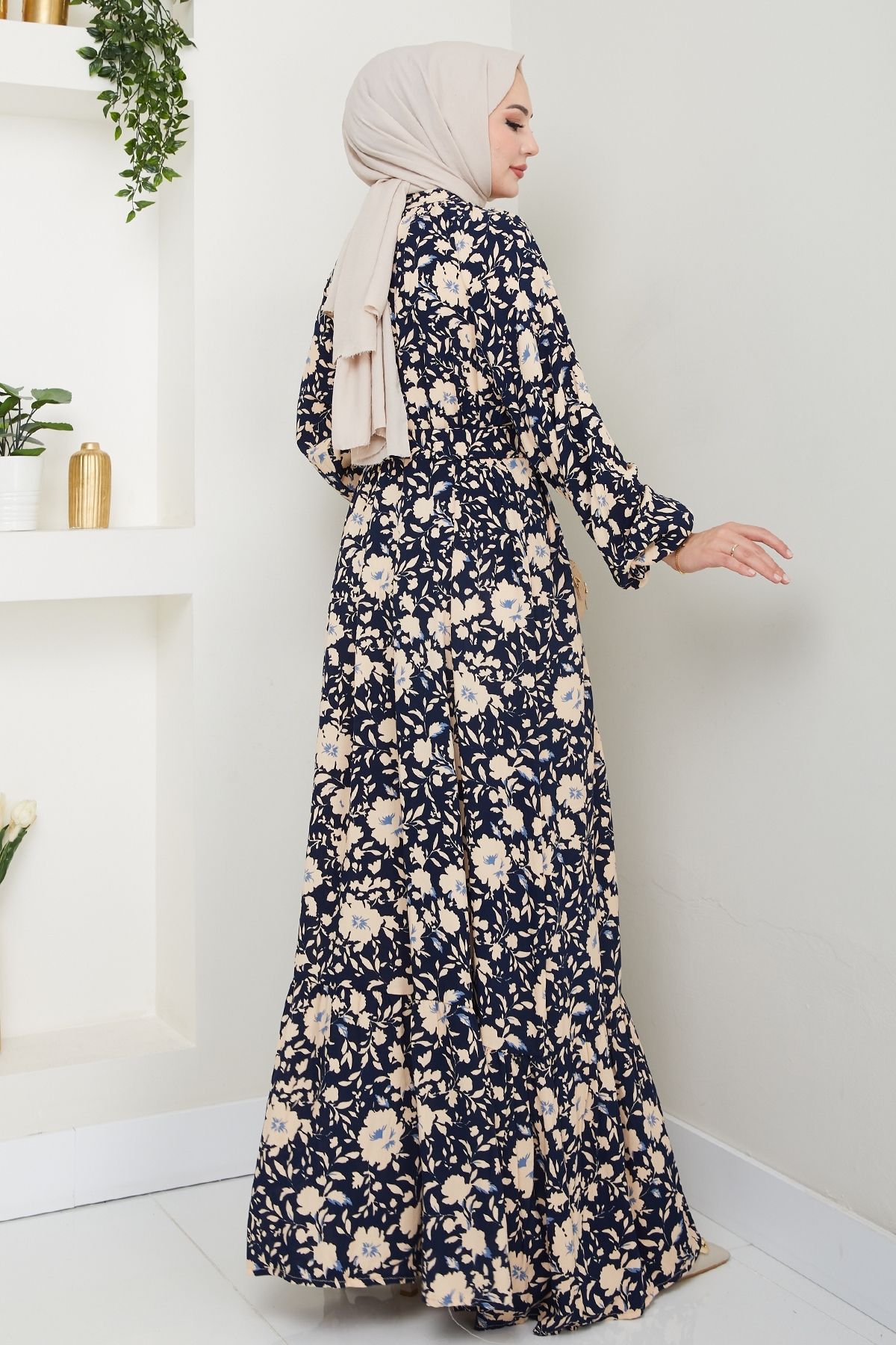 InStyle-Shadow Flower Pattern Navy Blue Viscose Dress 4
