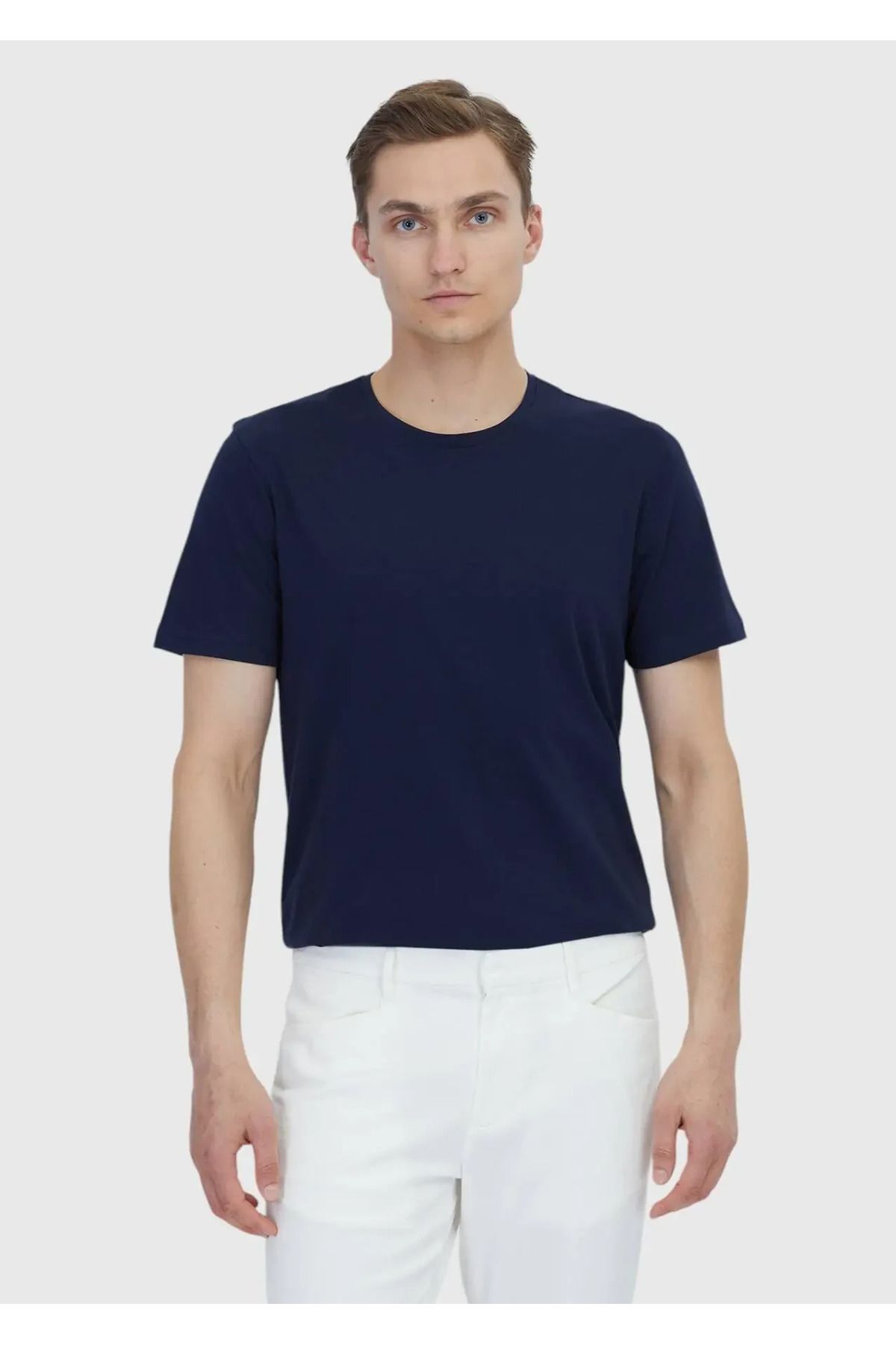Ramsey Lacivert Düz Bisiklet Yaka %100 Pamuk T-Shirt