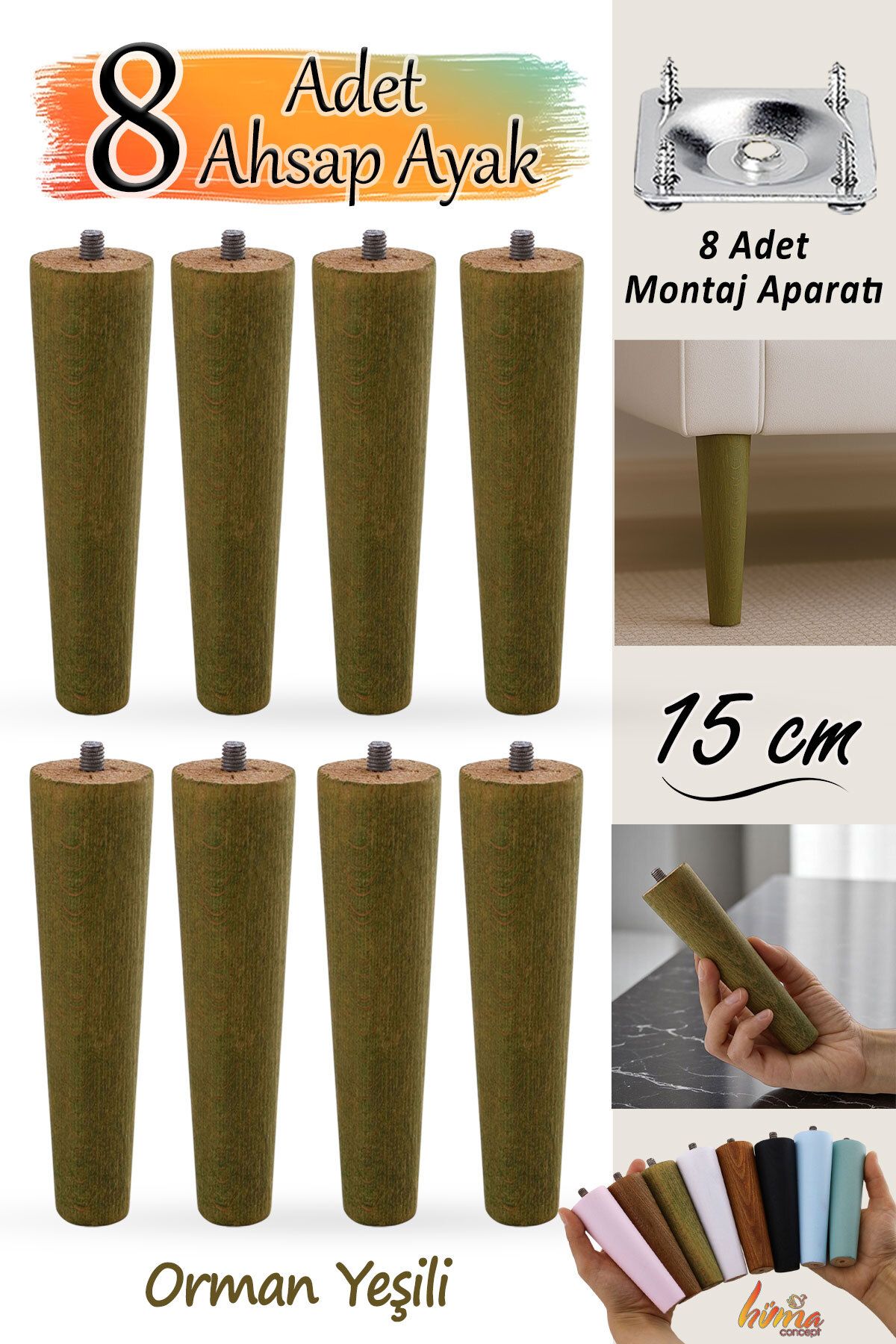 GLASWEN 8 Adet Ahşap Ayak 15 Cm Orman Yeşili M8 Civata Bağlantı Aparatı Mobilya Koltuk Kanepe Destek Ayağı