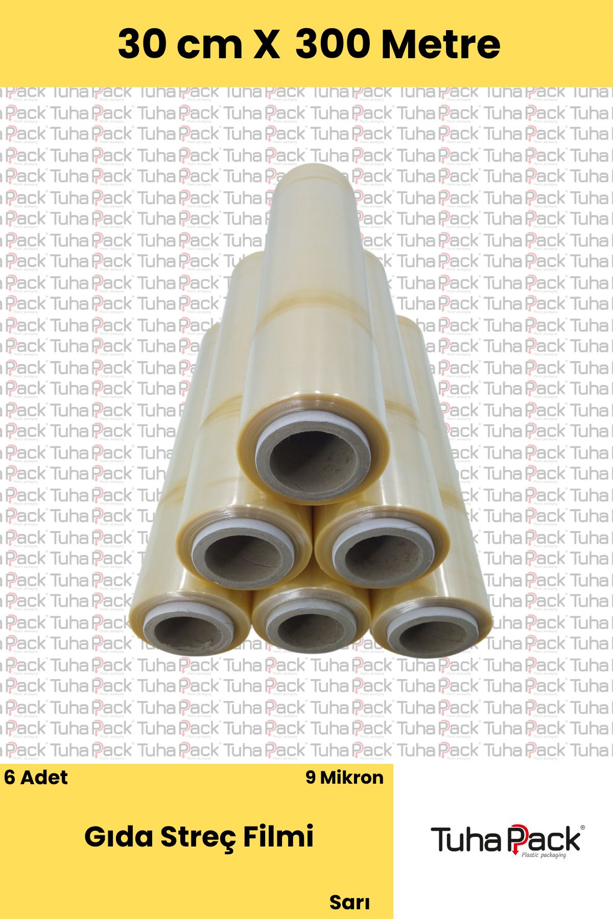 tuhapack plastic packaging Gıda Streç Filmi 30cm x 300m - 9 Mkrn, Sarı, 6 Adet, Gıda Temasına Uygun