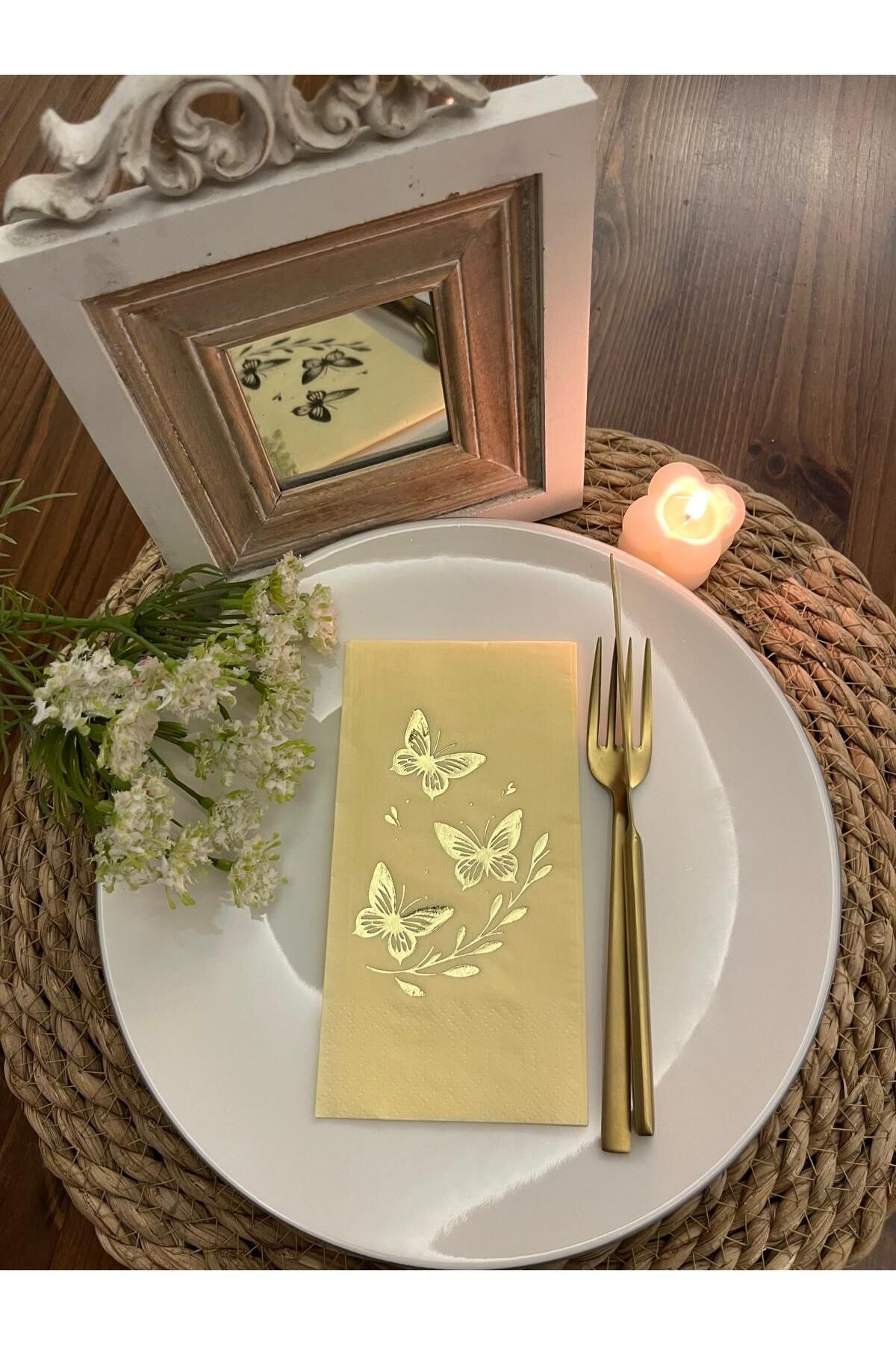 kidspartim Gold Yaldızlı Sarı Kelebek Yaprak Detaylı Peçete 16 Adet