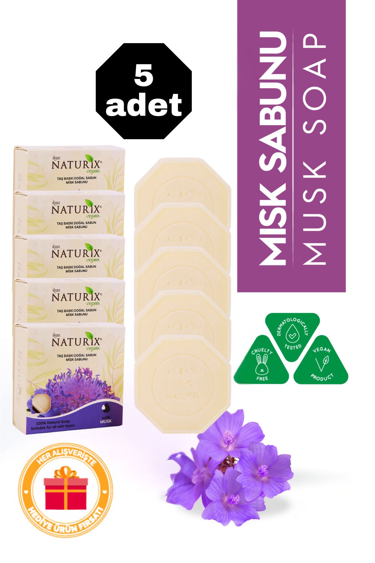 Naturix Misk Özlü Taş Sabun 5'li Eko Paket Nemlendirici ve Onarıcı Kuru Cilt Bakımı - 5x125 gr