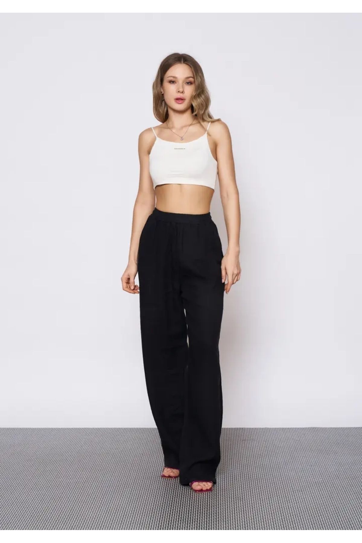 EUROFASHION Siyah Beli Lastikli Keten Pantolon