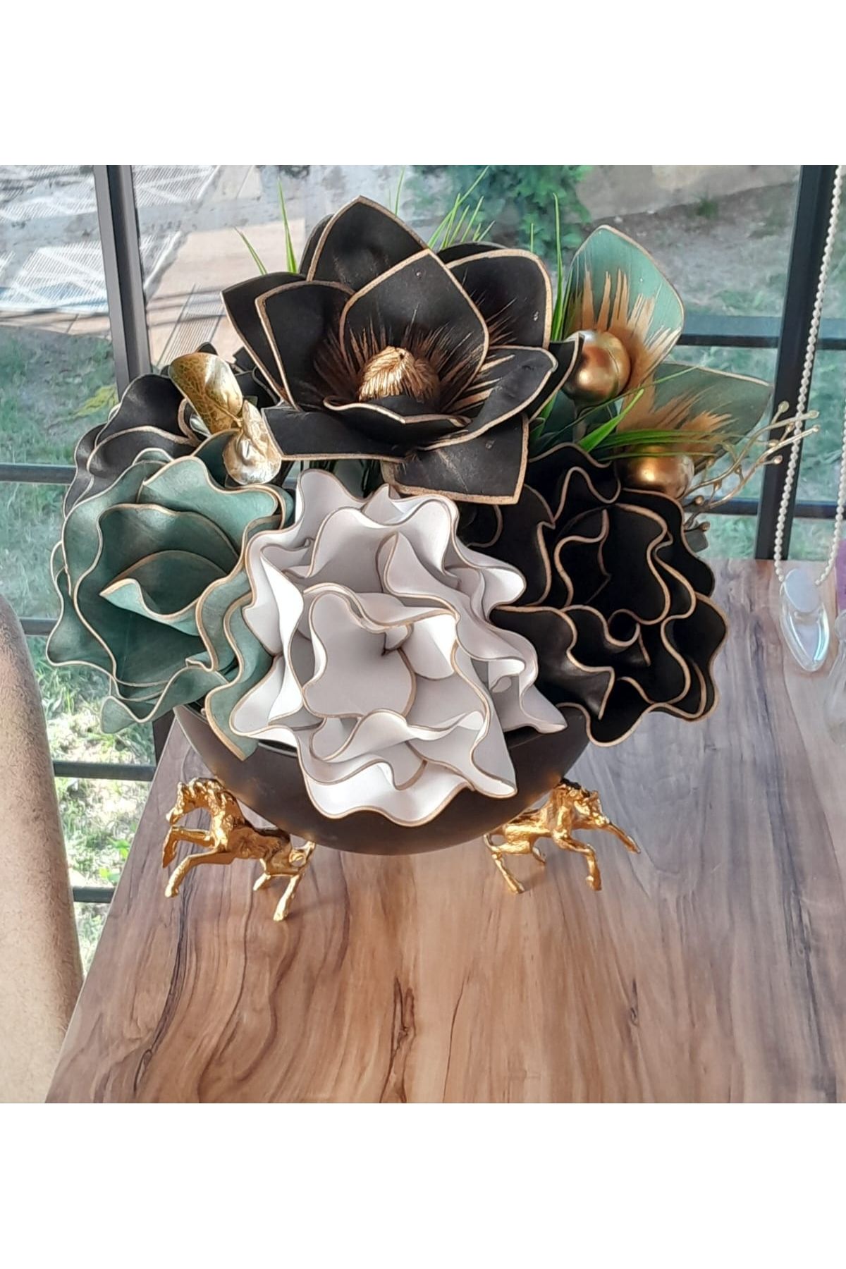 Hatem dekor flower Yapay çiçek hediyelik dekoratif atlı siyah büyük boy metal saksıda aranjman