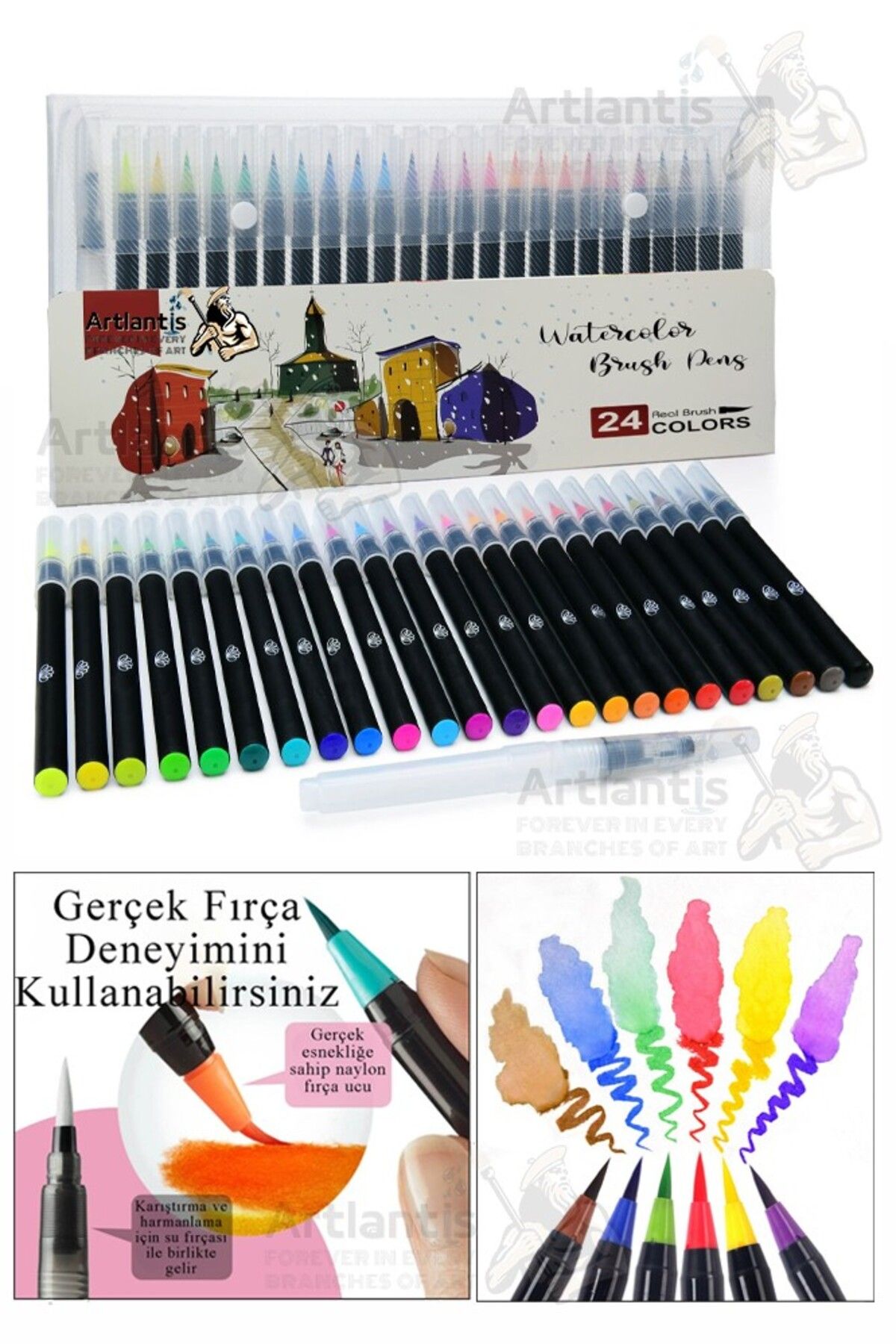 Artlantis 24 Renk Sulu Boya Fırça Uçlu Kalem 1 Paket 24 lü Watercolors Brush Pen Suluboya Keçe Uçlu Karıştırma