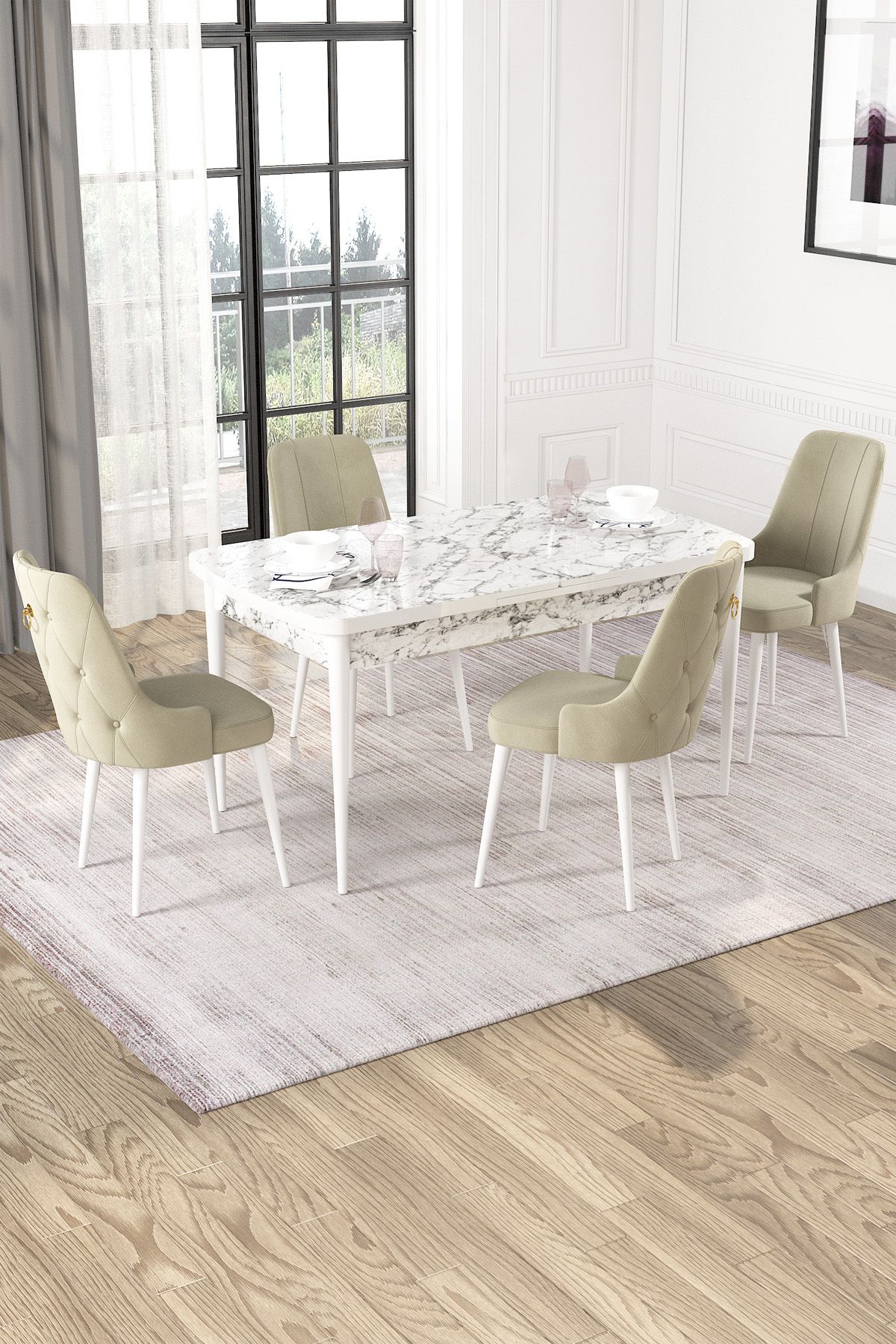 Hira Wessa Serisi 80x132 Açılabilir MDf Beyaz Mermer Desen Masa Takımı 4 Krem Sandalye