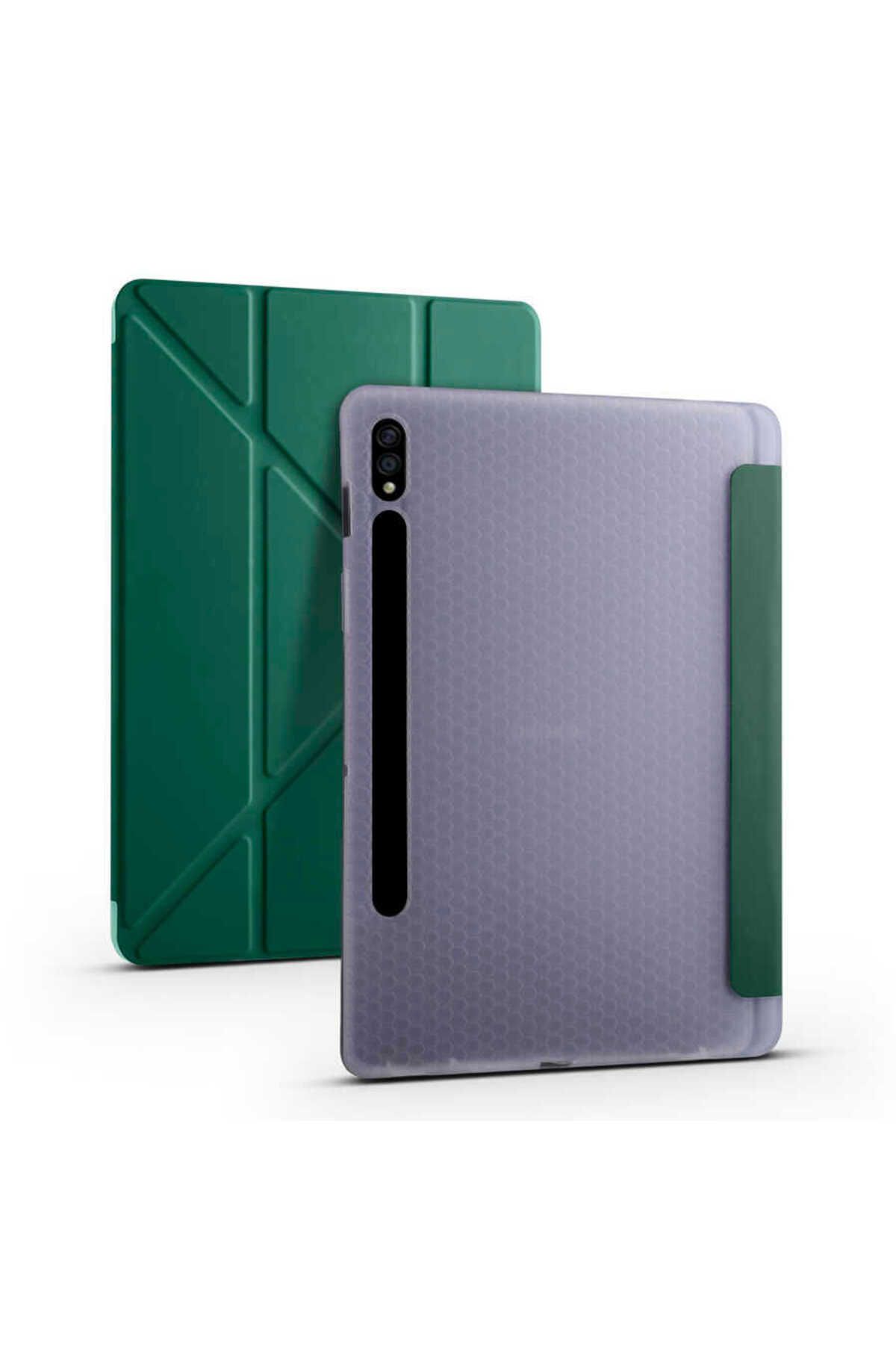 YTSGLOBAL Galaxy Tab S7 T870 Kılıf Uyumlu YTSG Tri Folding Kalem Bölmeli Standlı Kılıf-Koyu Yeşil