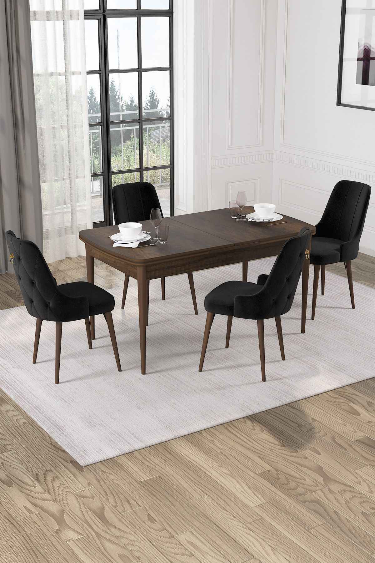 Hira Wessa Serisi 80x132 Açılabilir MDf Barok Ahşap Desen Masa Takımı 4 Siyah Sandalye