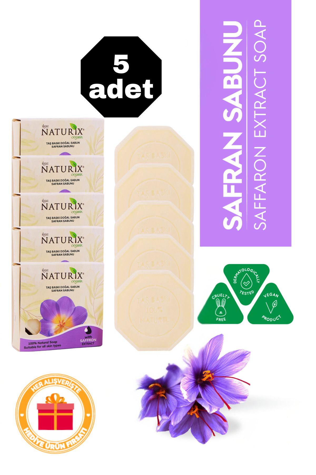 Naturix Safran Özlü Taş Sabun 5'li Eko Paket Leke Karşıtı ve Nem Dengeleyici Cilt Bakımı - 5x125 gr