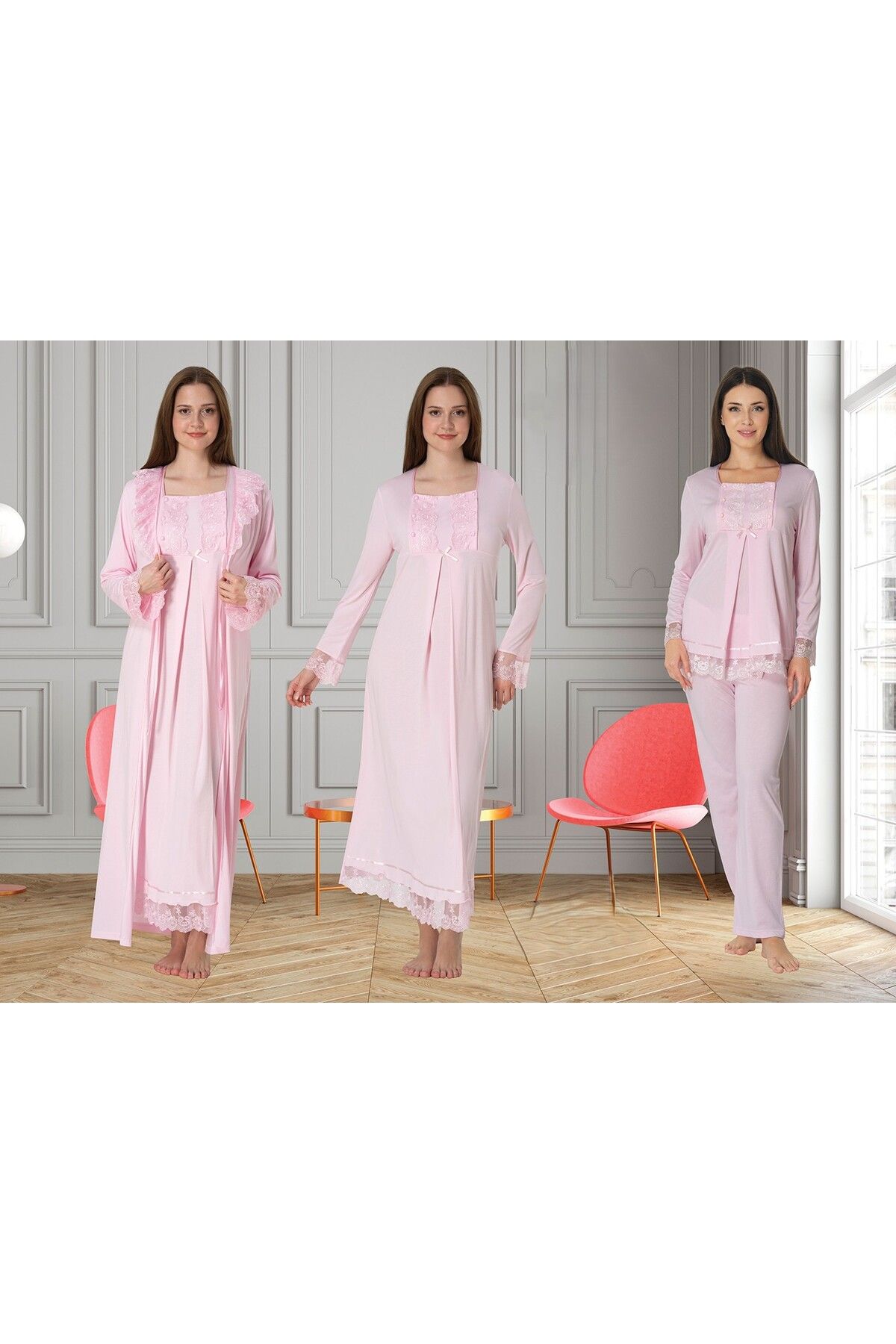LOHOUSE Kadın Pudra Kol ve Yaka Dantelli Pamuklu Lohusa Hamile Gecelik-Sabahlık ve Pijama Takım 4'lü Set
