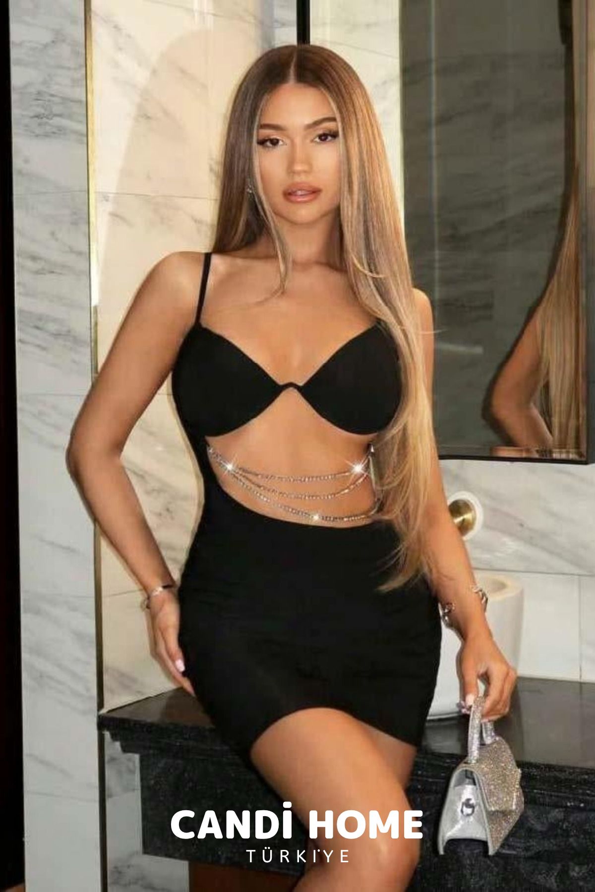 HOBİ CONDİ New Premium Özel Seri Tasarım Model Şık Zarif Zincir Detay Mini Club Gece Elbisesi