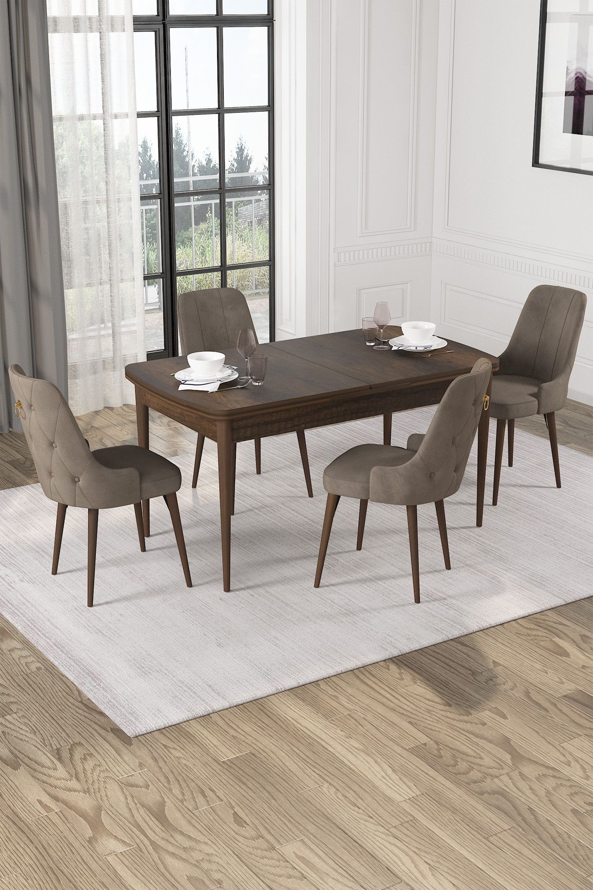 Hira Wessa Serisi 80x132 Açılabilir MDf Barok Ahşap Desen Masa Takımı 4 Cappucino Sandalye
