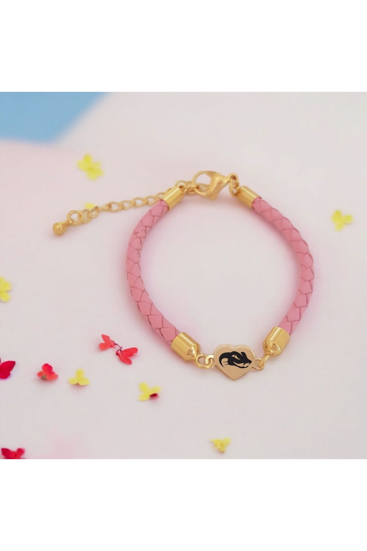ARCHINO GOLD Yılan Temalı Kalp Motifli Hakiki Derili 14 Ayar Altın Plakalı Hediye Bileklik-473sembol-pembe
