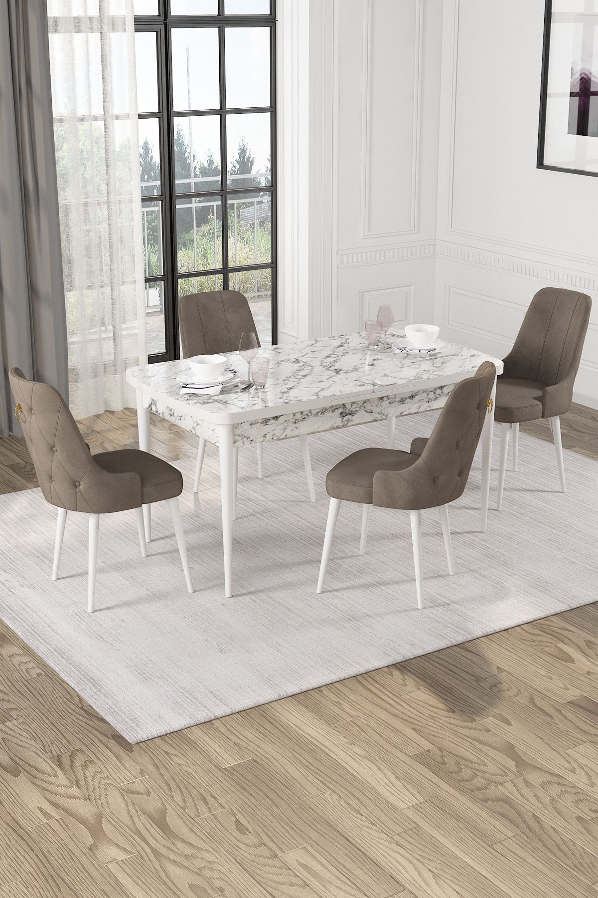 Hira Wessa Serisi 80x132 Açılabilir MDf Beyaz Mermer Desen Masa Takımı 4 Cappucino Sandalye