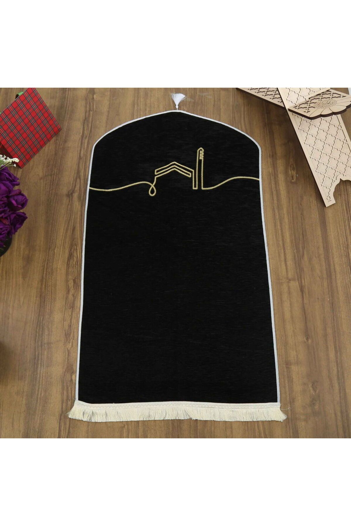 İkranur El Kuba Lüks Astarlı Biyeli Seccade Siyah (66X125cm) 565 gr