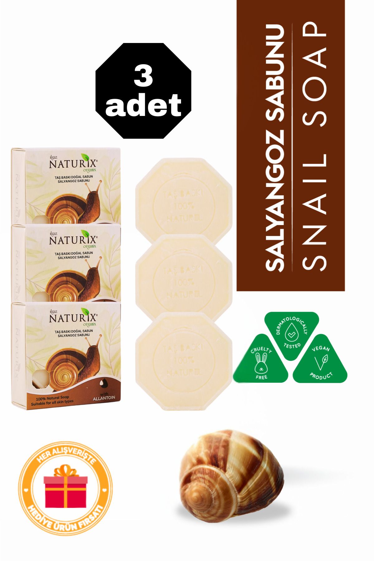 Naturix Salyangoz Özlü Taş Sabun 3'lü Eko Paket Yenileyici ve Sebum Dengeleyici Cilt Bakımı - 3x125 gr
