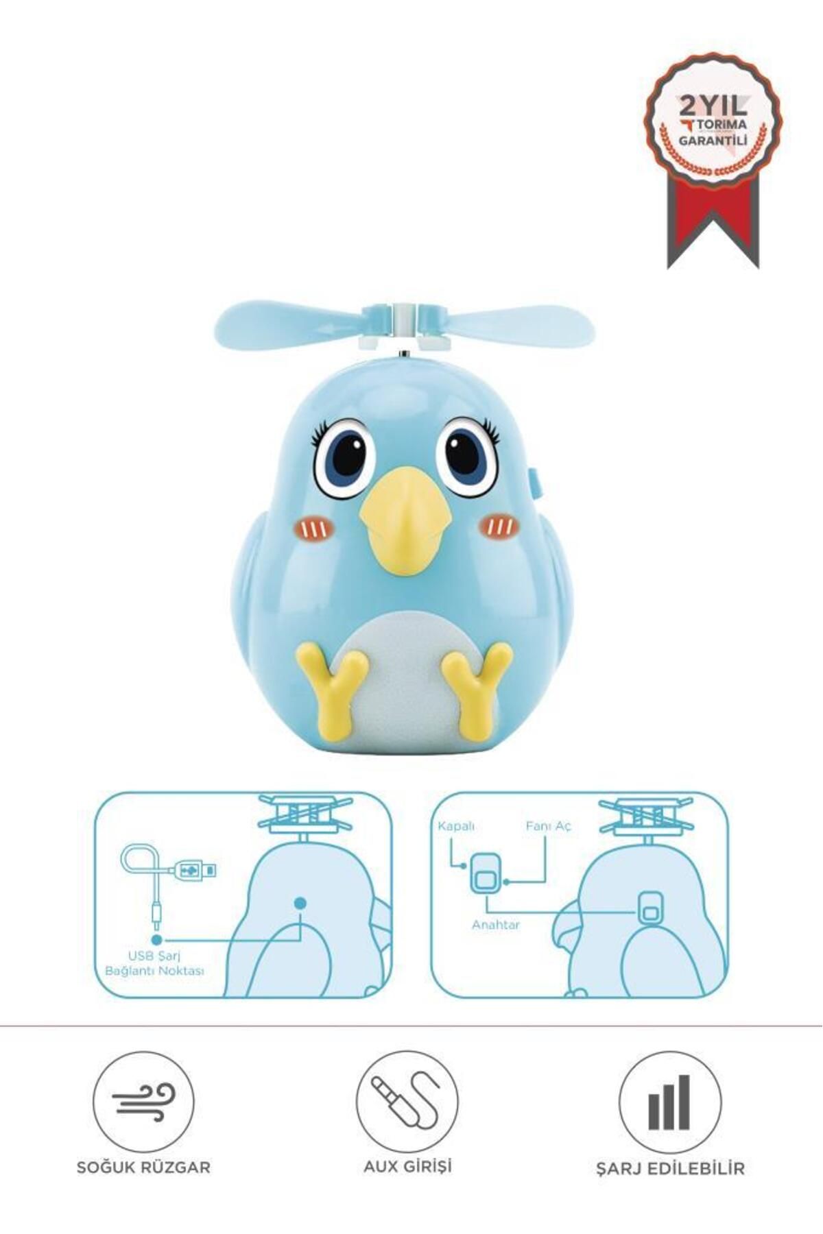 Torima F-31 Mavi El Tipi Mini Fan Vantilatör Sevimli Kuş Figürlü Taşınabilir Mini Fan