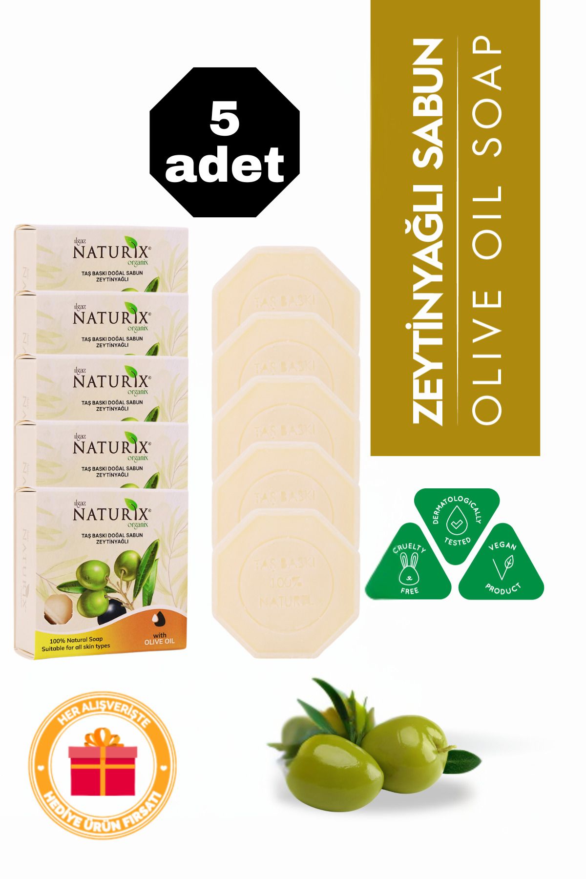 Naturix Zeytinyağlı Taş Sabun 5'li Eko Paket Nemlendirici ve Onarıcı Kuru Cilt Bakımı - 5x125 gr