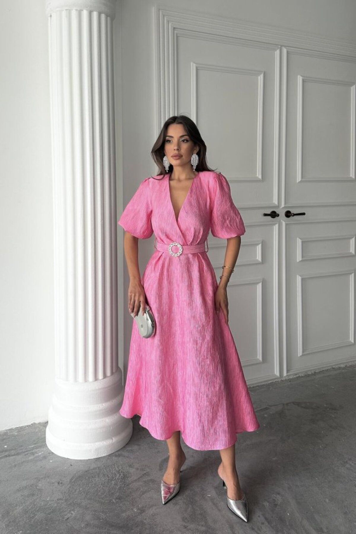 Albayrak Pembe Işıltılı Kemerli Kruvaze Elbise