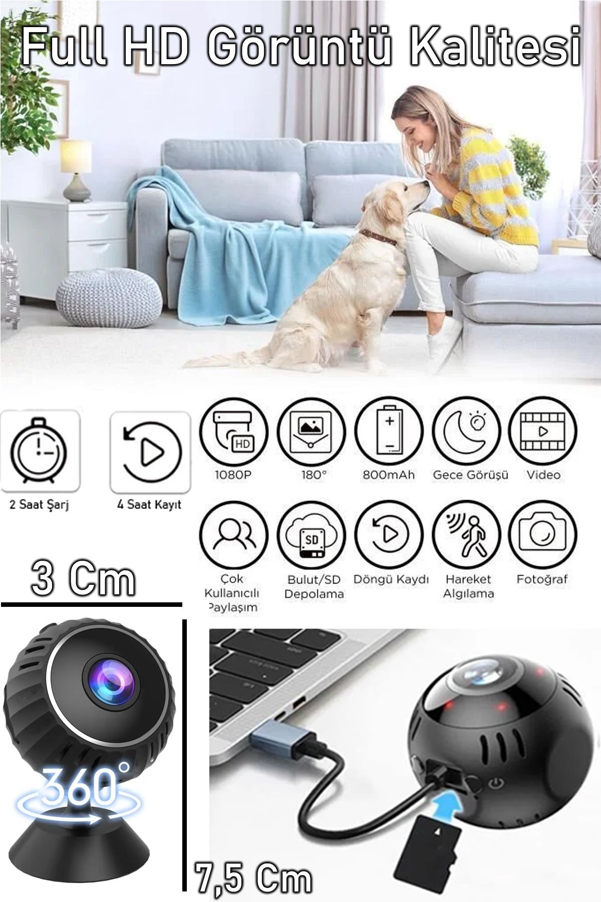 nextbuy 1080p Ultra Mini Wifi Kamera Gece Görüşlü Mini Kamera 1080p 360° Standlı Wifi Kamera Cmr32