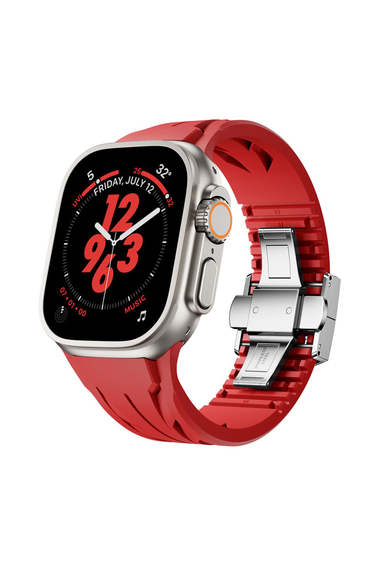 YTSGLOBAL Apple Watch Ultra 49mm KRD-127 Metal Tokalı Silikon Kordon-Kırmızı