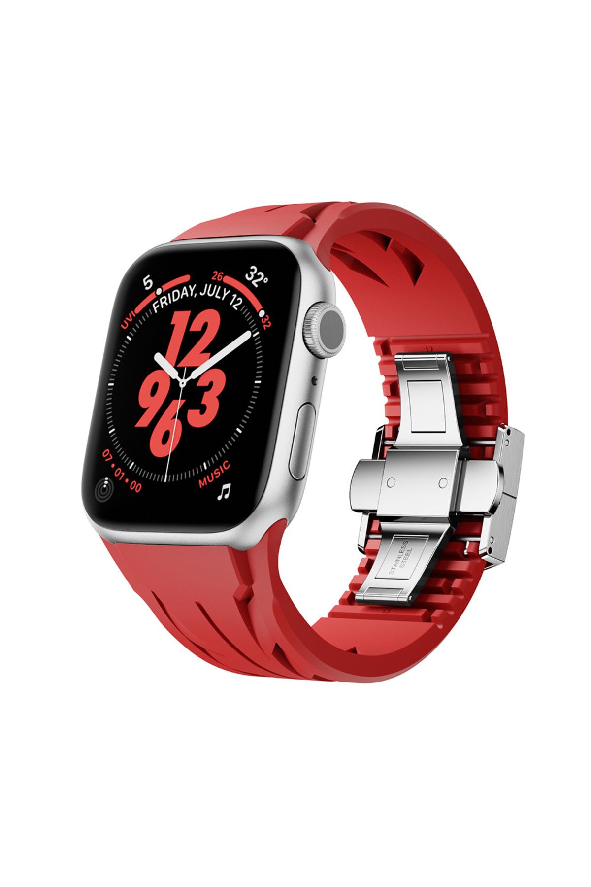 YTSGLOBAL Apple Watch 10 46mm KRD-127 Metal Tokalı Silikon Kordon-Kırmızı